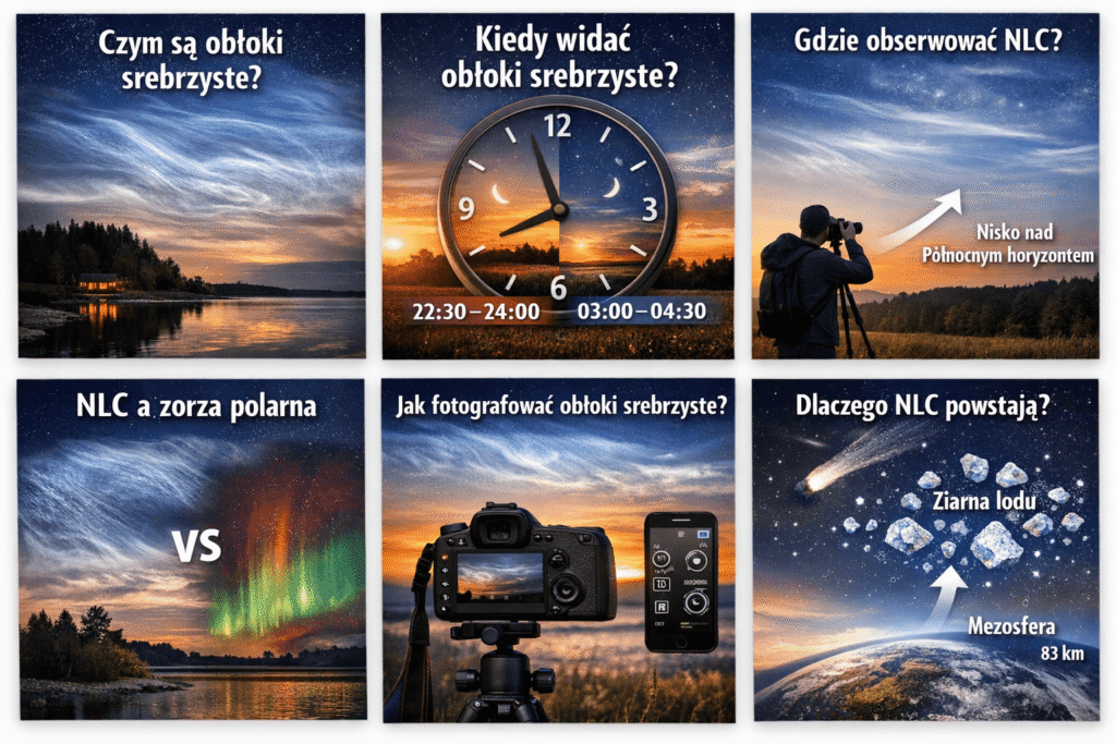 Zdjęcie porównawcze: obłoki srebrzyste (NLC) — jasne fale nisko nad północnym horyzontem