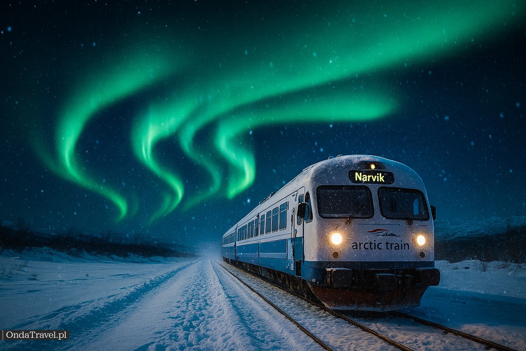 Arktyczny pociąg Northern Lights Train z Narviku w poszukiwaniu the aurora w Norwegii (Arctic Train)