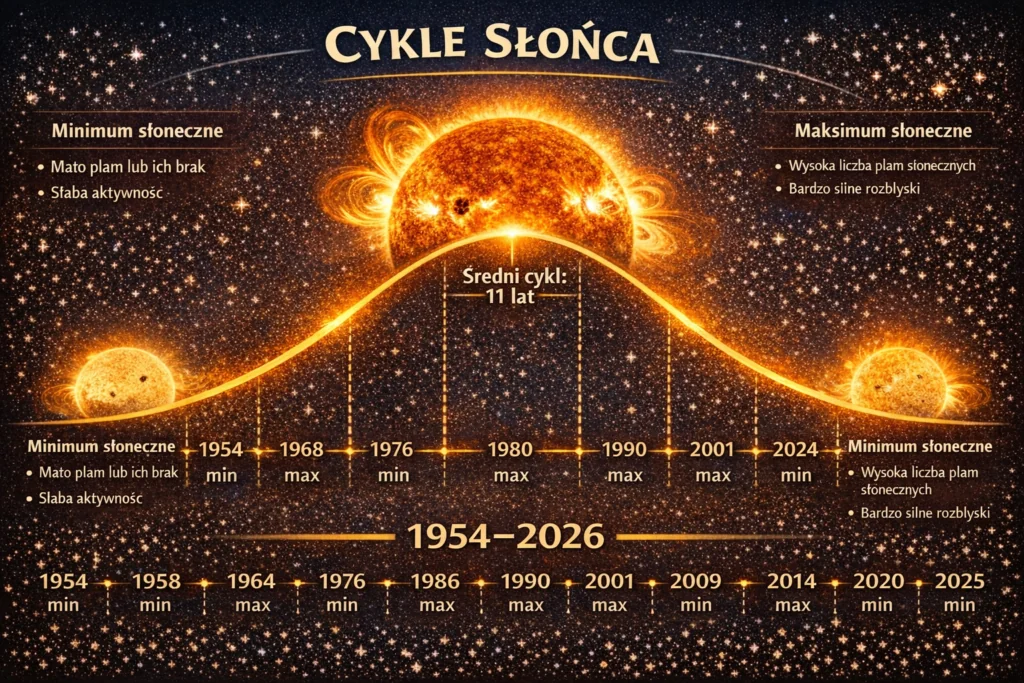 Wykres schematyczny cyklu słonecznego i okresów zwiększonej aktywności sprzyjających zorzy polarnej w Polsce