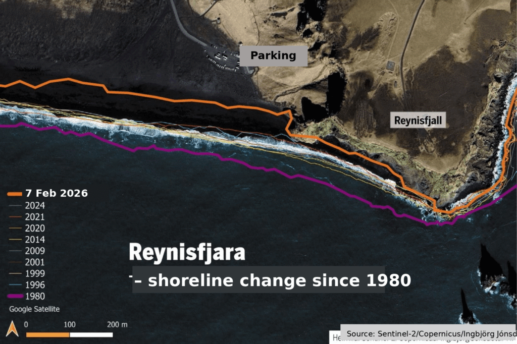 Reynisfjara: shoreline change since 1980. Shoreline evolution at Reynisfjara (Sentinel-2 overview)
