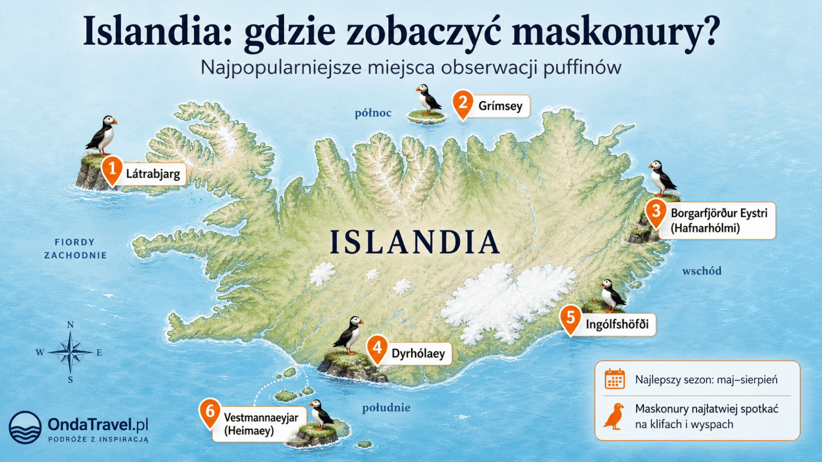 观赏海雀最佳地点的冰岛地图：Látrabjarg、Grímsey、Borgarfjörður Eystri、Dyrhólaey、Ingólfshöfði 和 Vestmannaeyjar