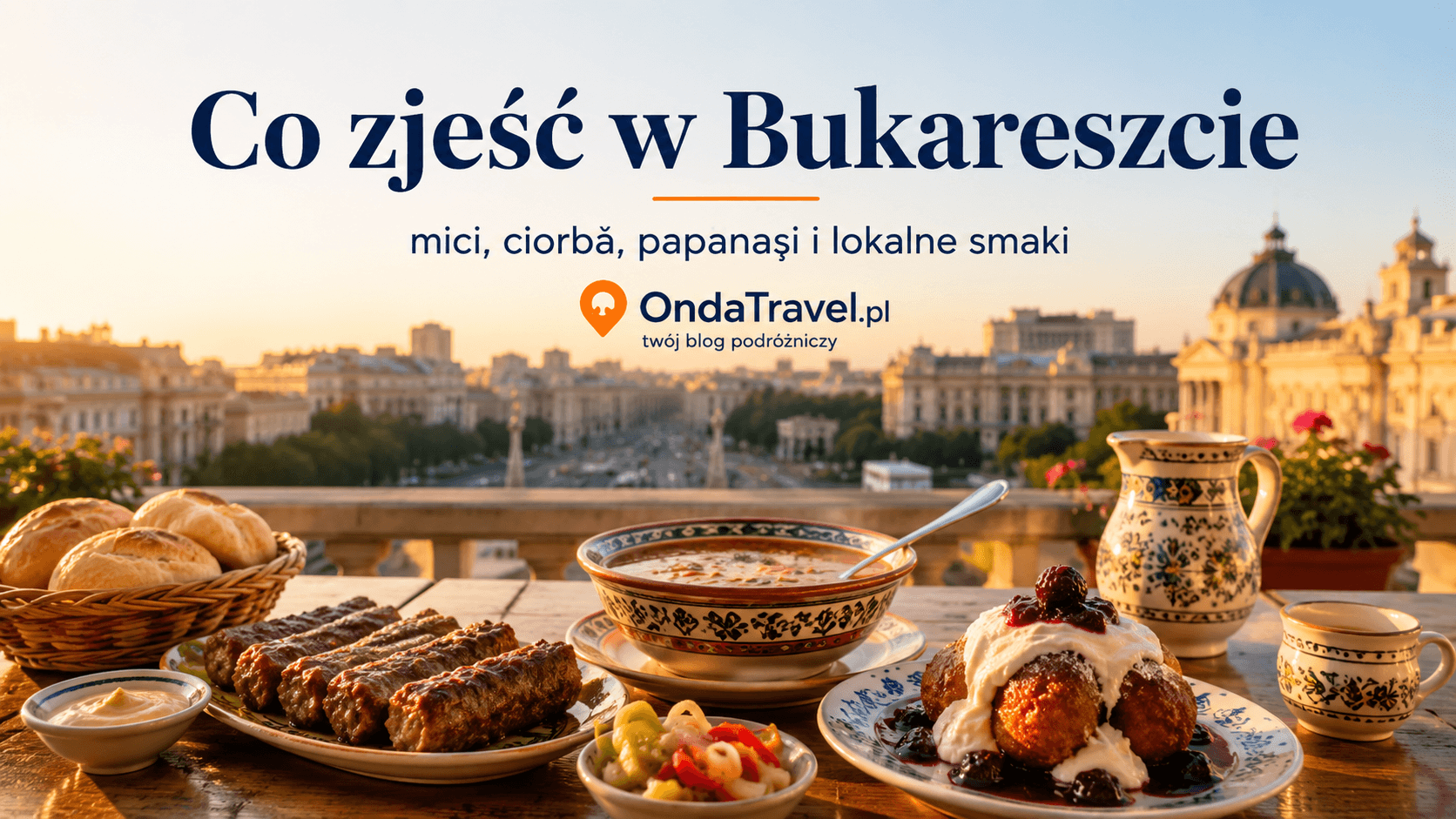 Co zjeść w Bukareszcie — grafika OndaTravel.pl z mici, ciorbă, papanași i lokalnymi smakami