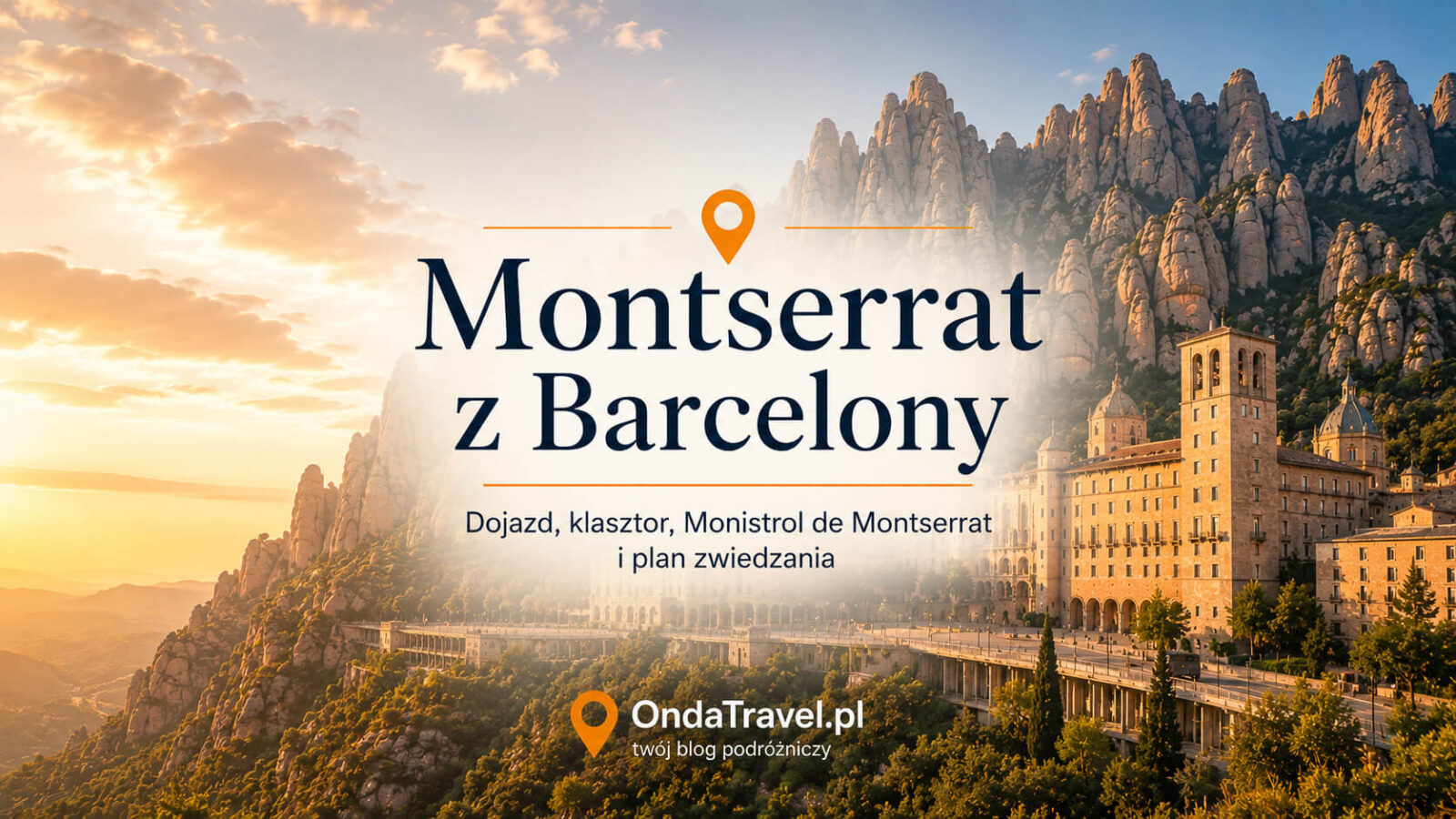 Montserrat z Barcelony, klasztor Santa Maria de Montserrat i skalne iglice o złotej godzinie.