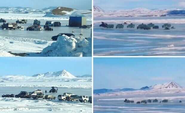 Porównanie planu zdjęciowego na jeziorze Mývatn z gotową sceną pościgu w filmie The Fate of the Furious