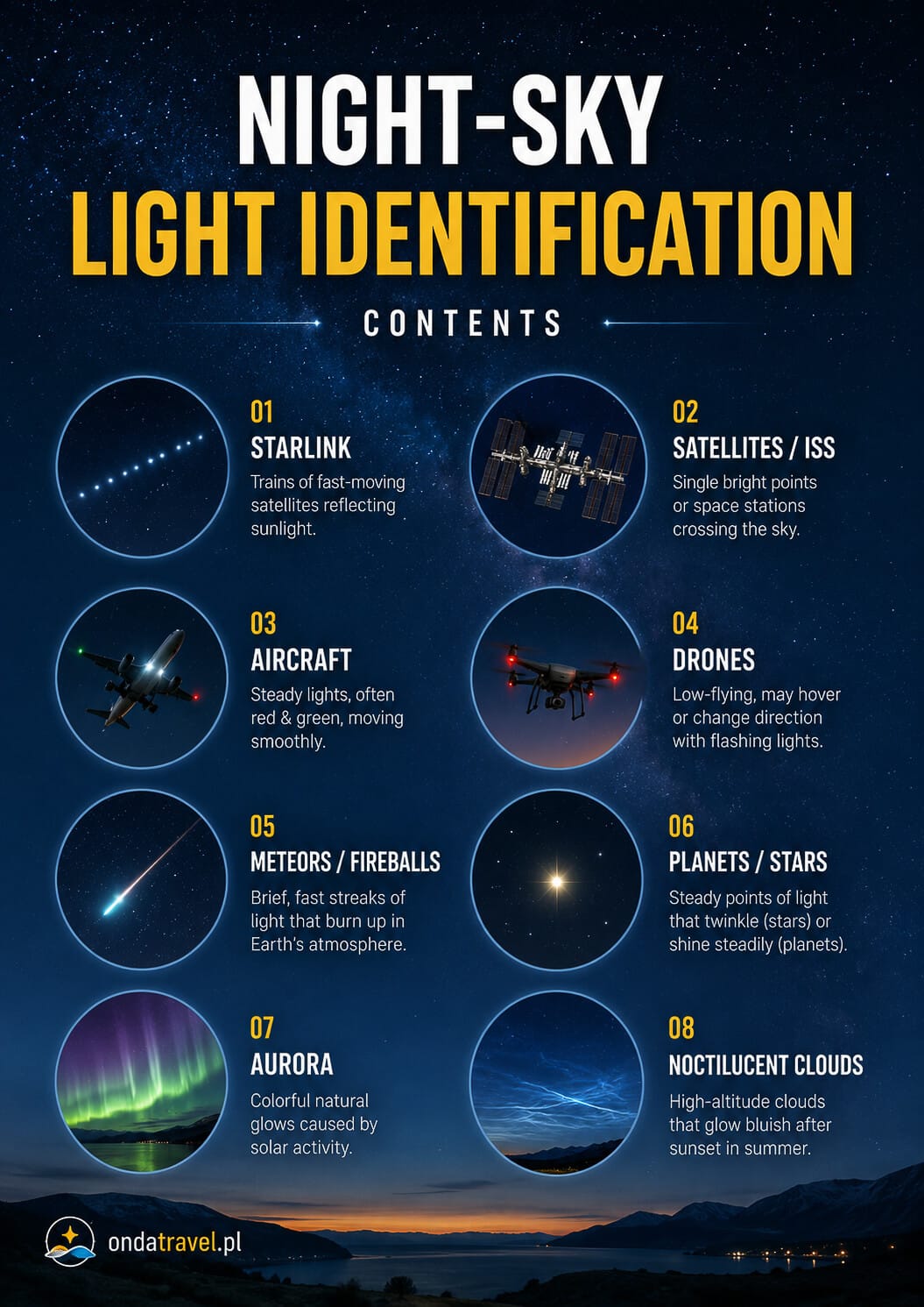 Night-sky light identification guide with a visual contents list
