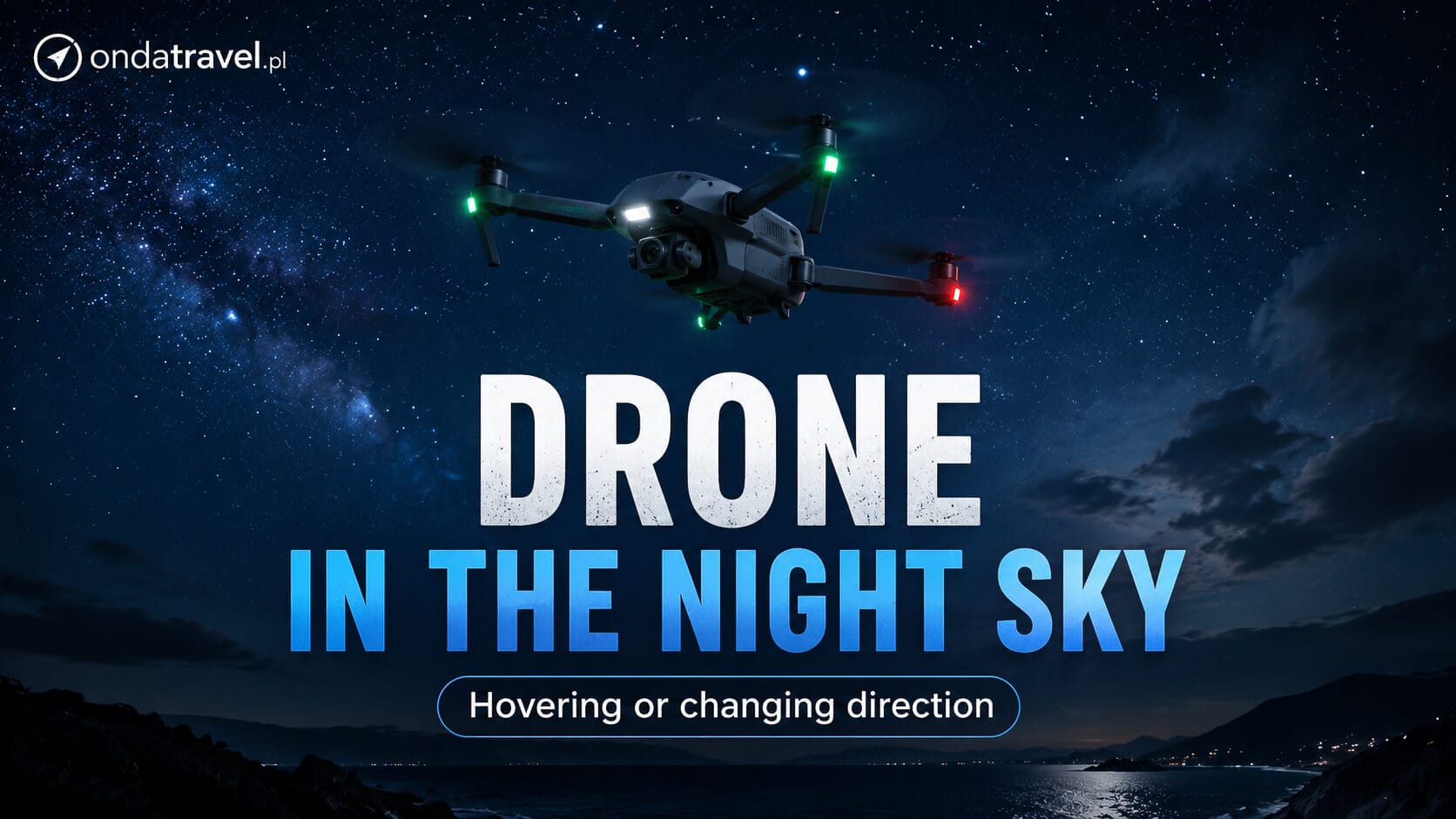 Drone flying at night with red and green lights above a dark landscape