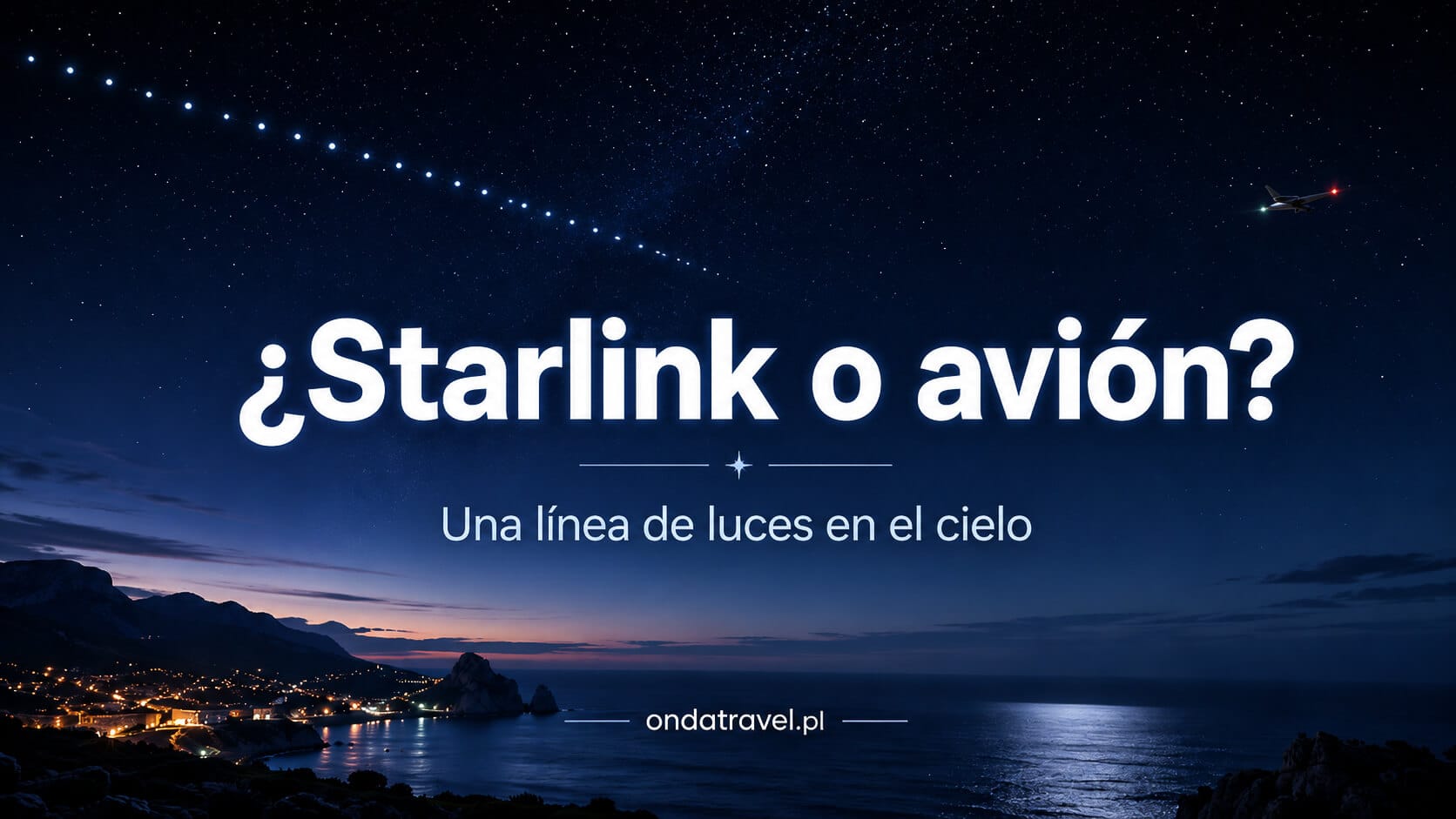 Tren de satélites Starlink comparado con las luces de un avión