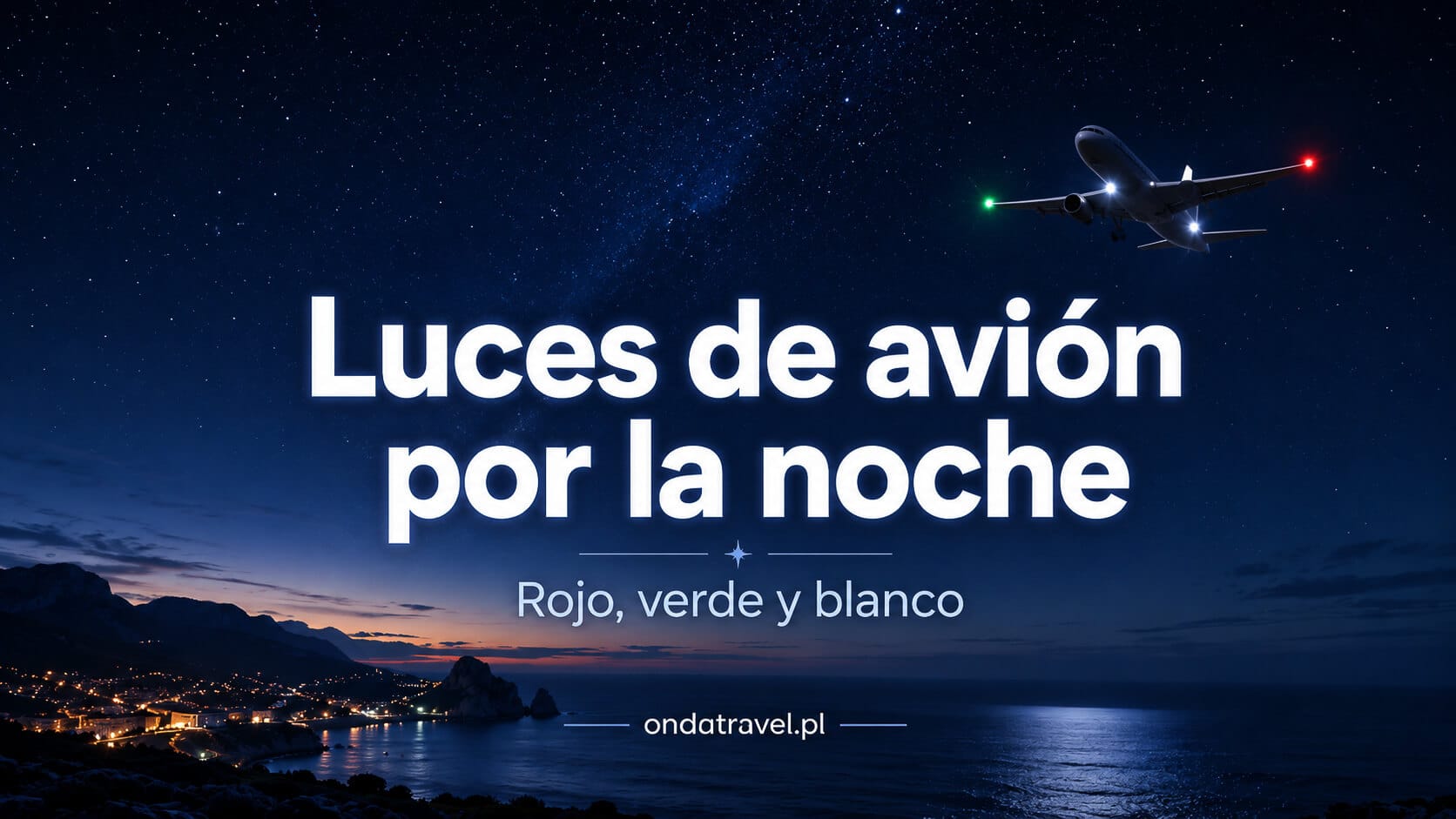 Avión nocturno con luces de navegación rojas verdes y blancas