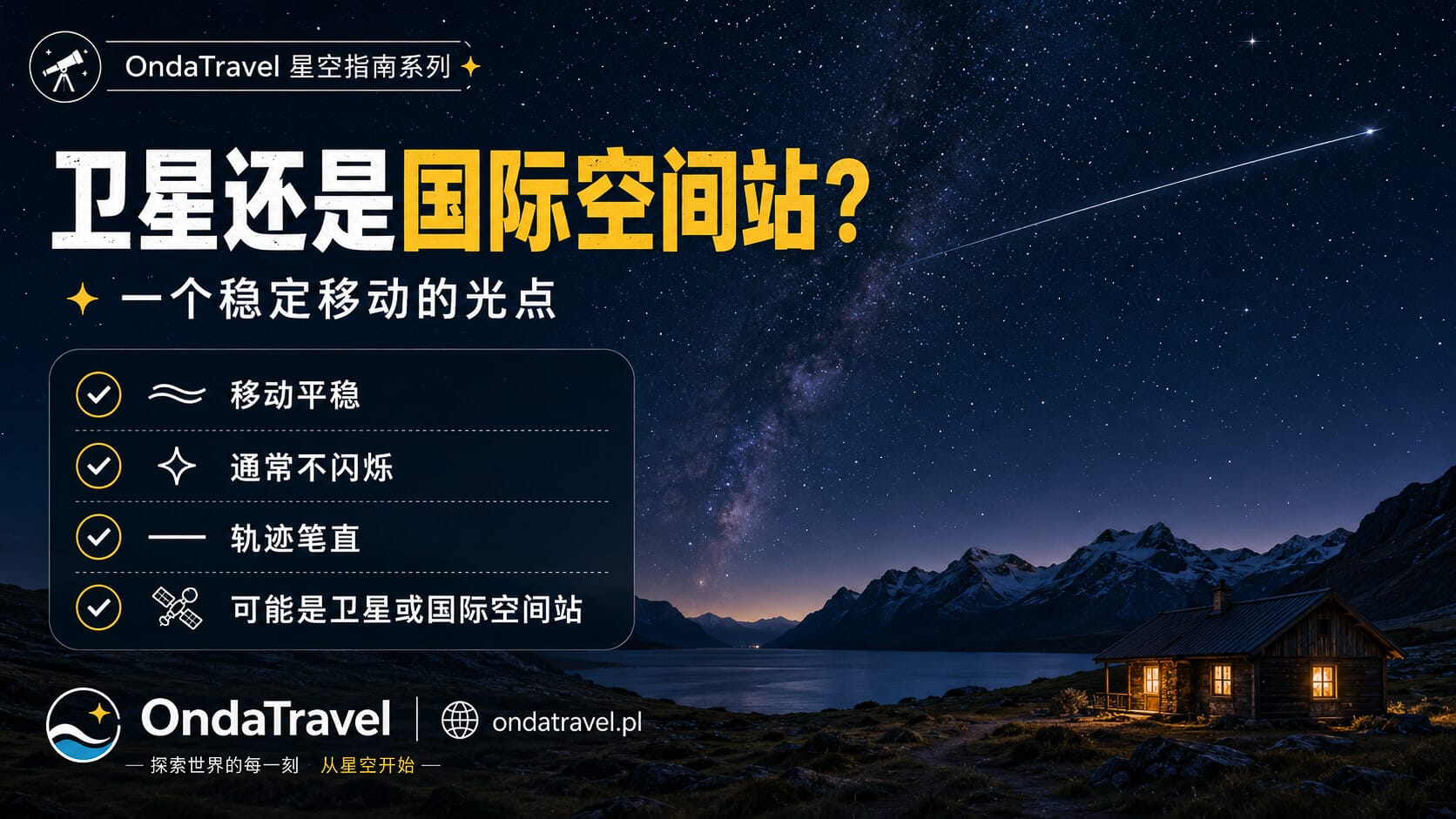 卫星或国际空间站稳定地穿过星空