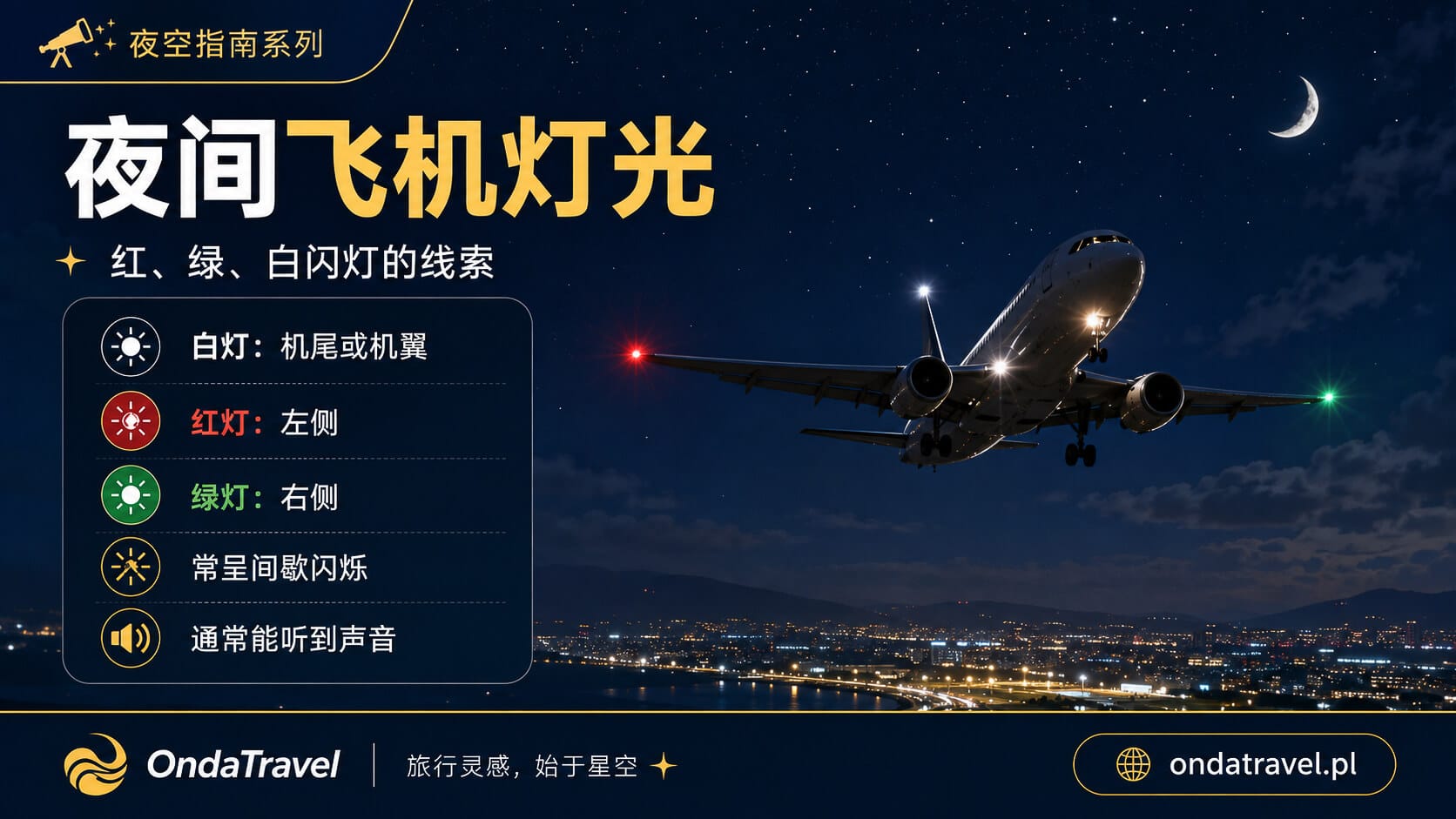 夜间飞机显示红色绿色和白色导航灯