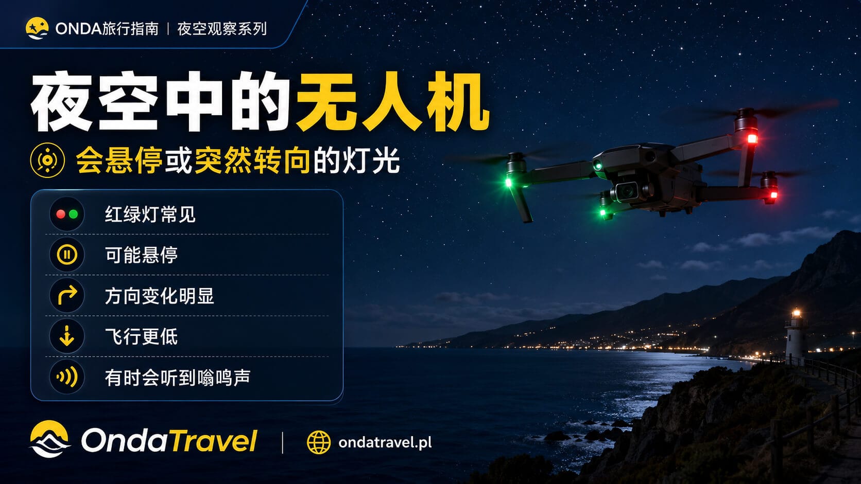 夜间飞行的无人机带有红色和绿色灯光