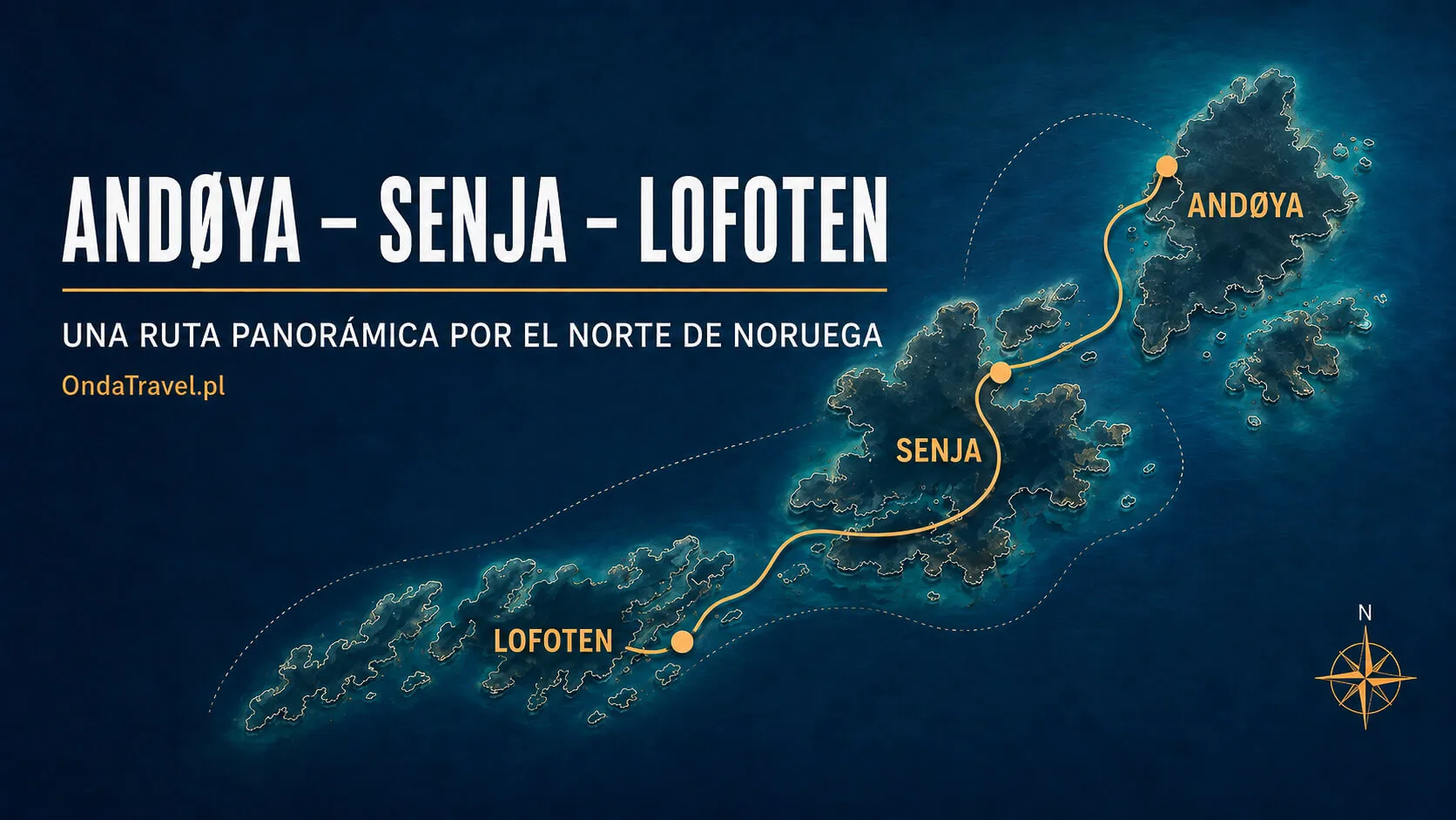 Mapa de la ruta entre Andøya Senja y Lofoten en el norte de Noruega