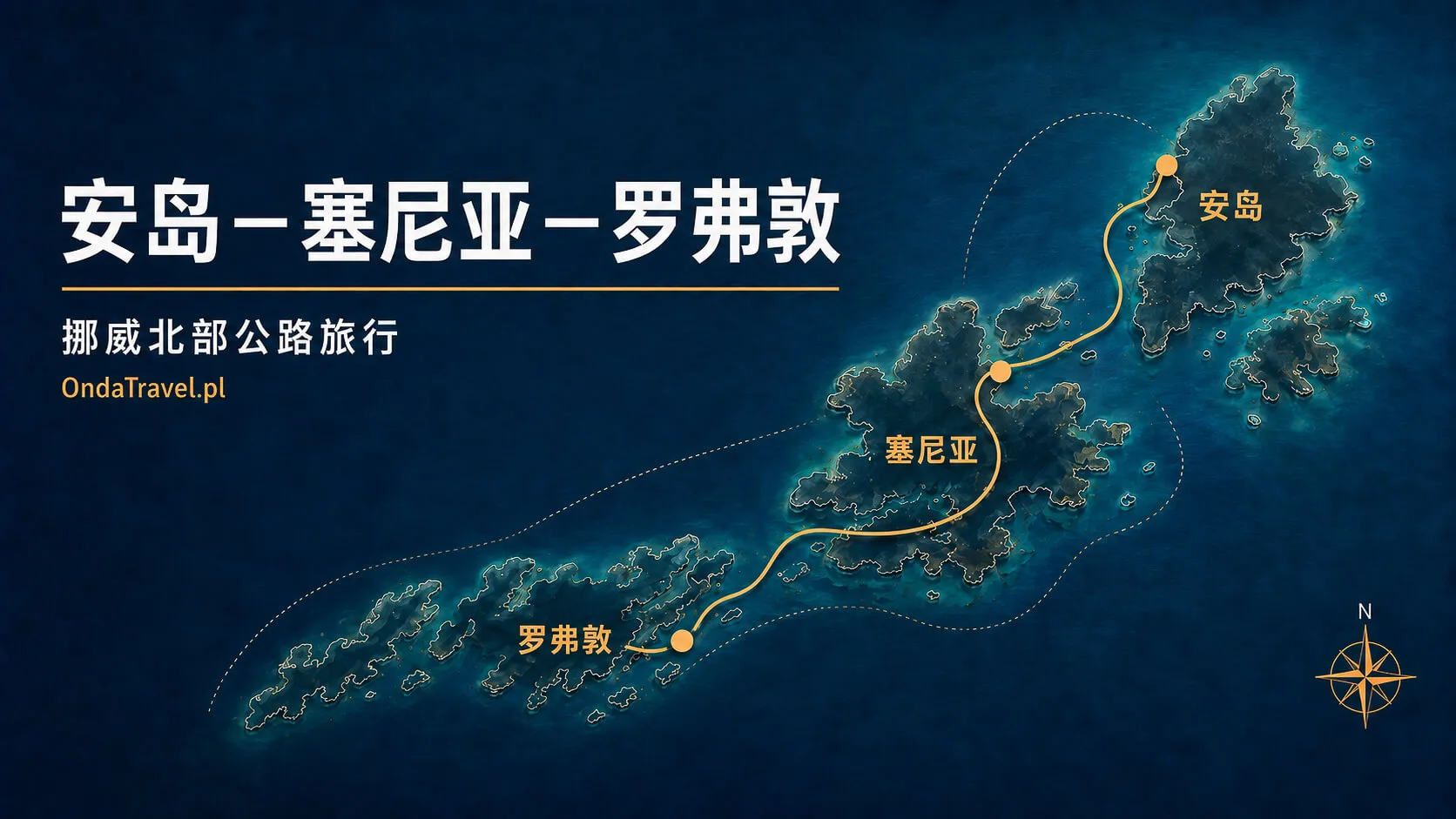 挪威北部安岛塞尼亚和罗弗敦之间的路线地图