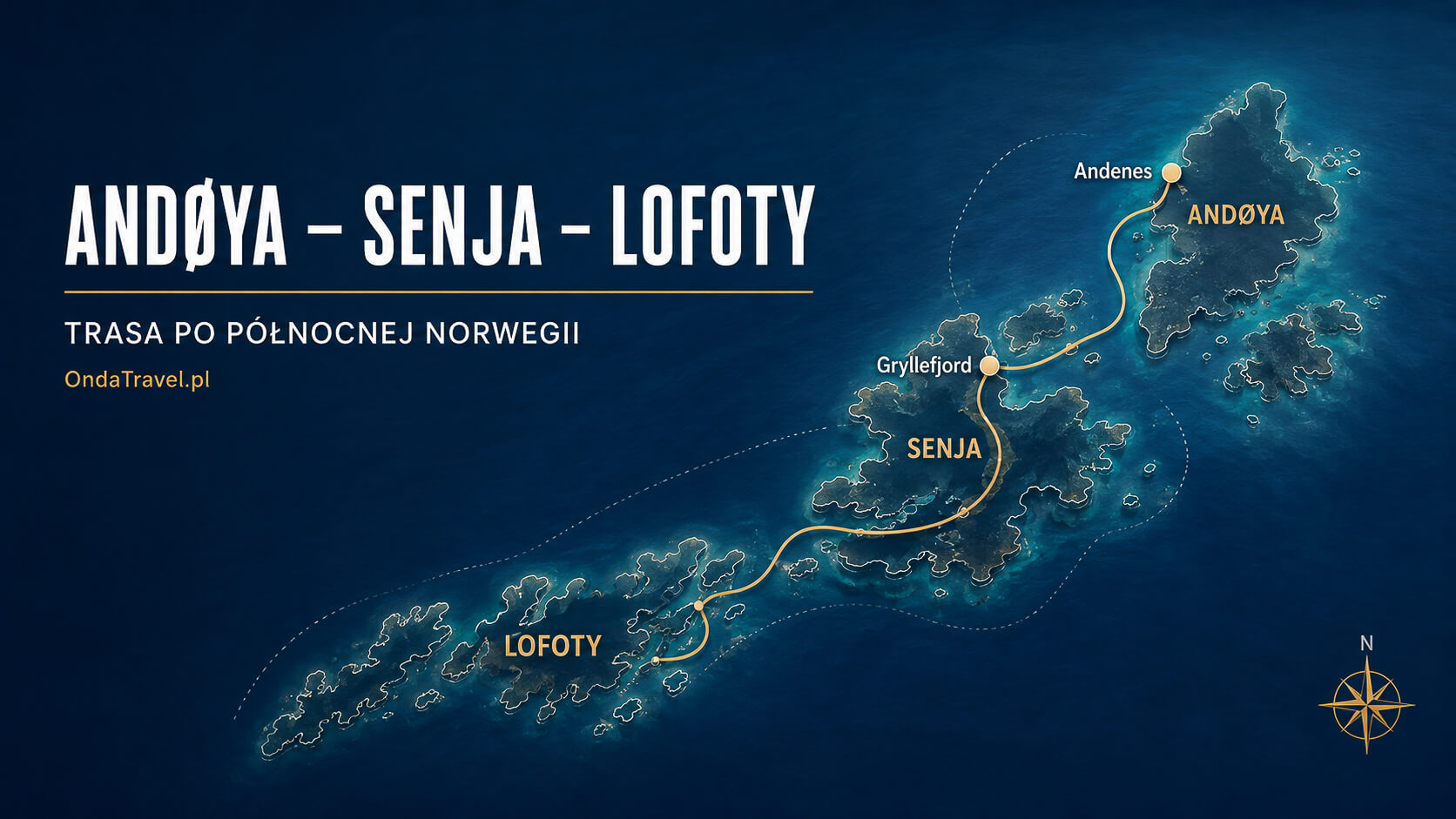 Mapa połączenia Andøya Senja i Lofoty w północnej Norwegii