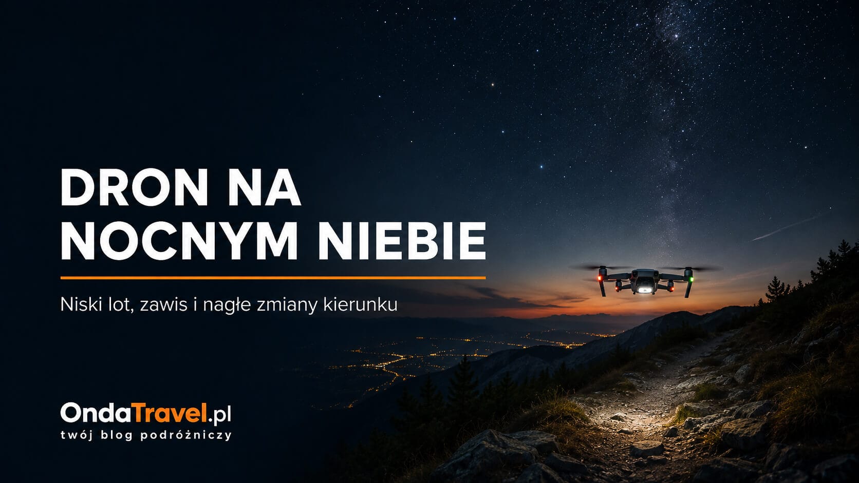 Dron na nocnym niebie z czerwonymi i zielonymi światłami
