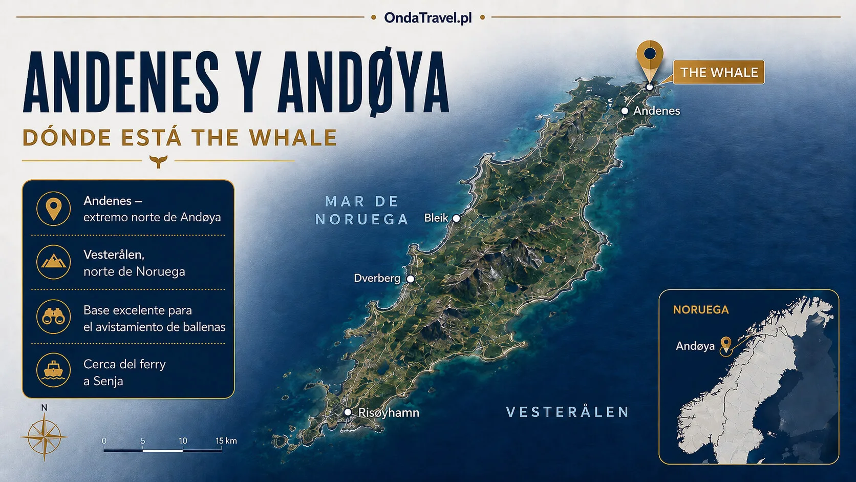 Mapa con la ubicación de The Whale en Andenes al norte de Andøya