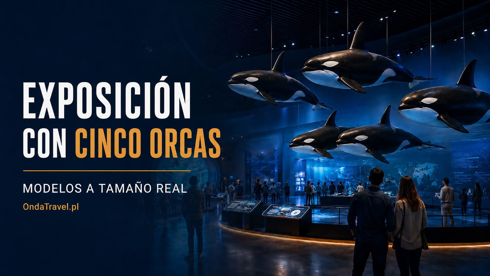 Cinco modelos de orcas a tamaño real en la exposición de The Whale