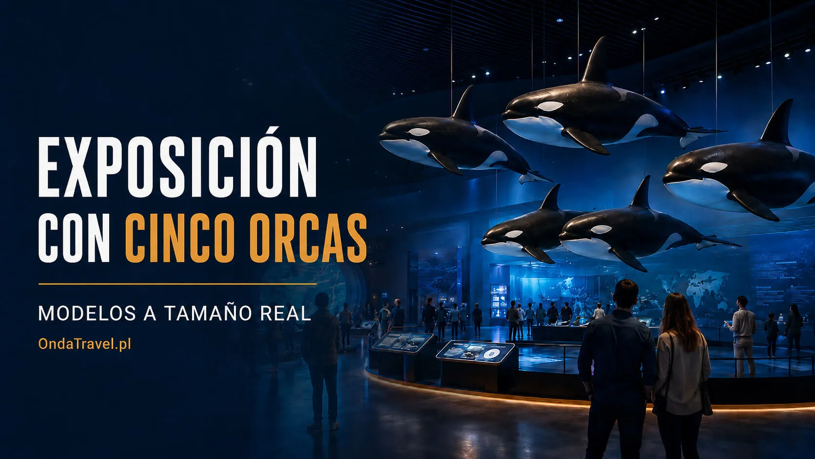 Cinco modelos de orcas a tamaño real en la exposición de The Whale