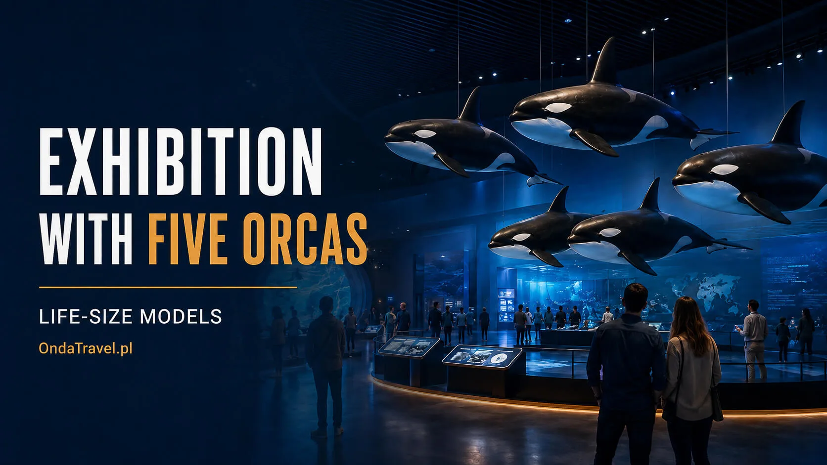Five life-size orca models in The Whale exhibition
