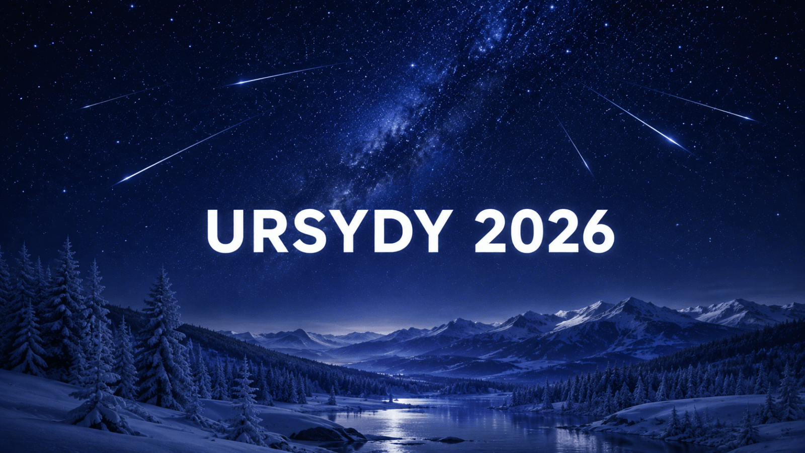 Ursydy 2026 — meteory nad zimowym lasem i górskim krajobrazem