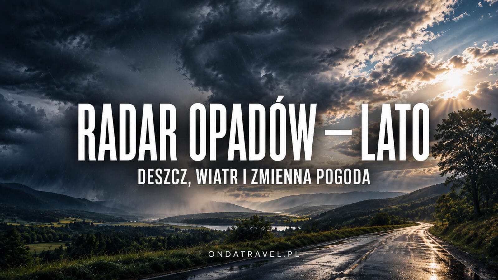 Grafika o radarze opadów latem z mokrą drogą i burzowymi chmurami nad doliną