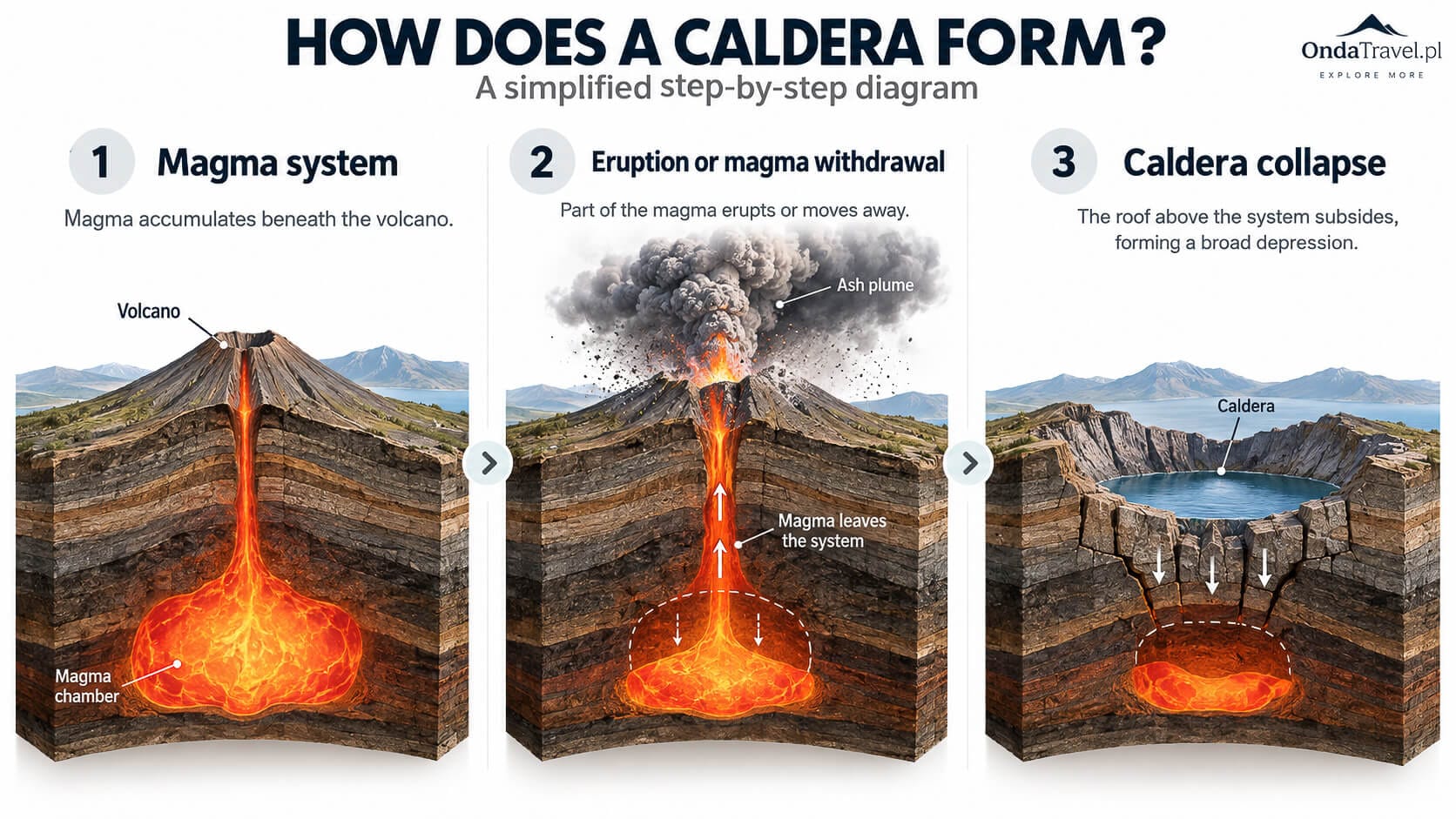 How a caldera forms — magma withdrawal and collapse of the overlying rock