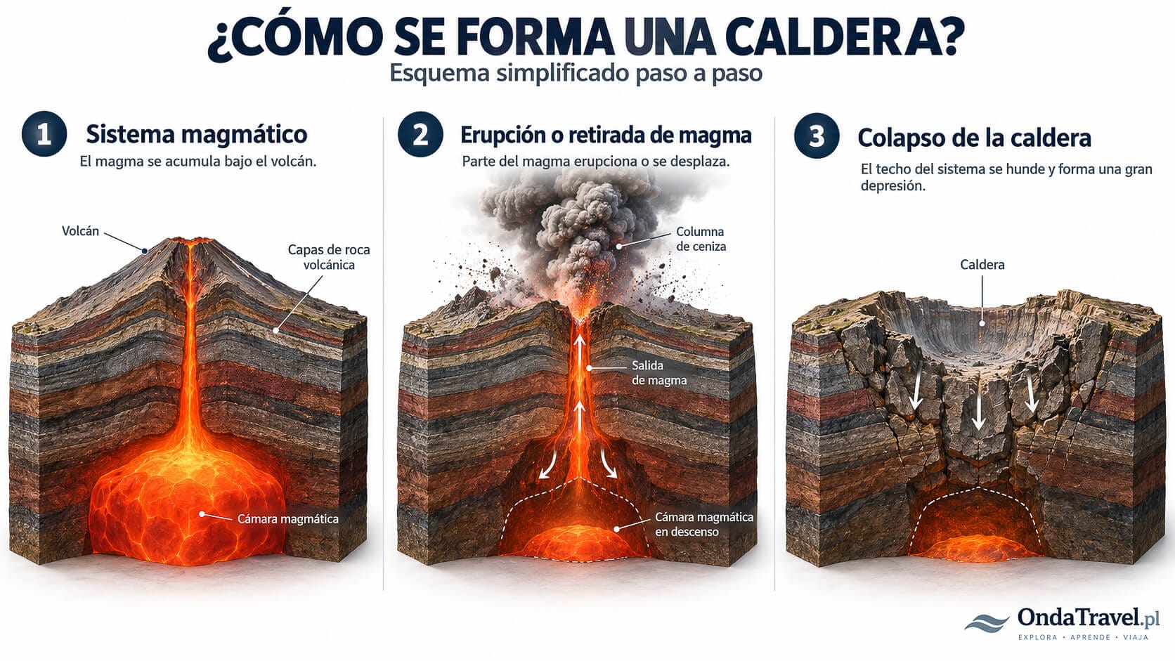 Cómo se forma una caldera — retirada de magma y colapso de las rocas suprayacentes