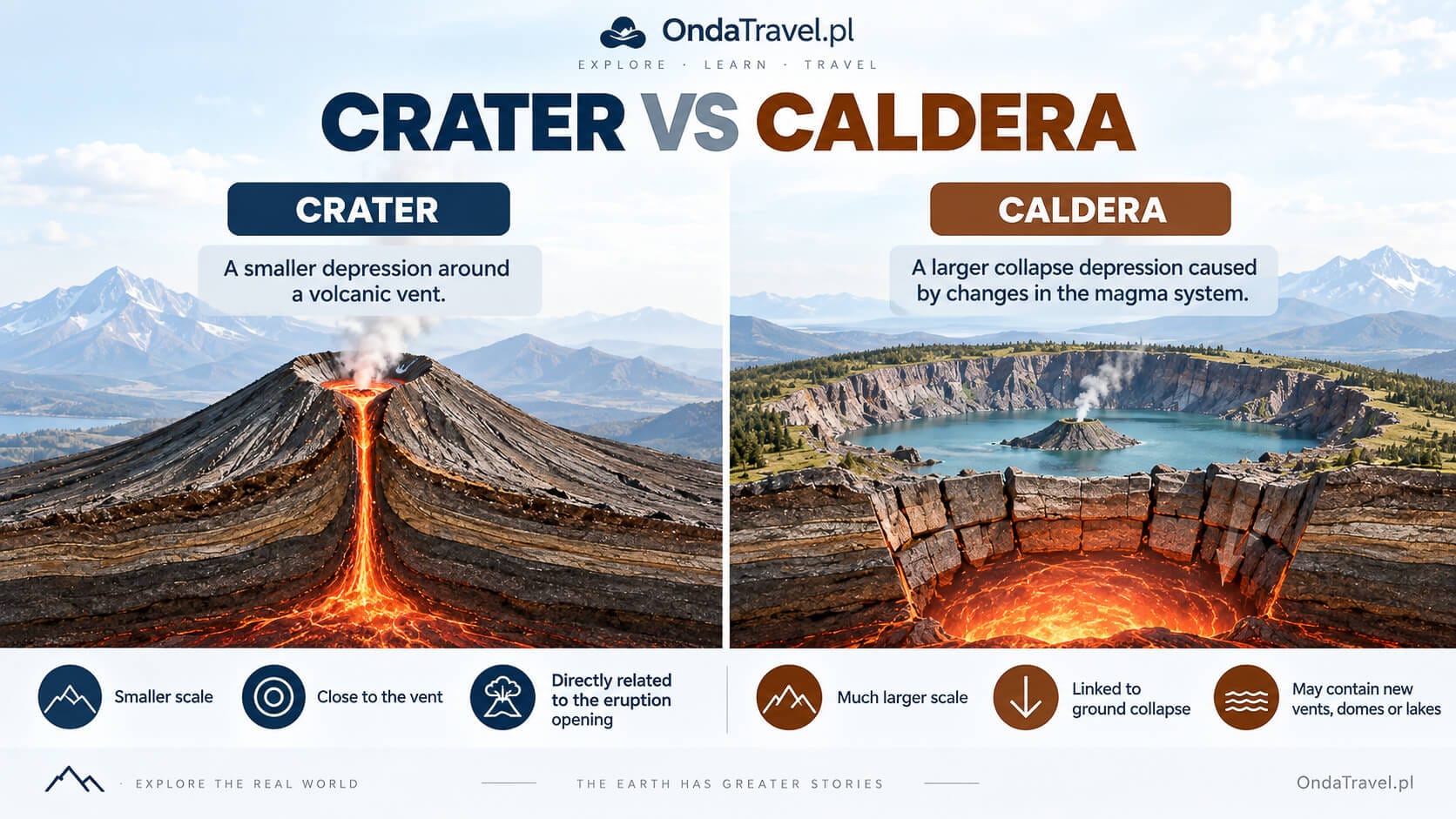 Caldera vs crater — comparison of two volcanic landforms