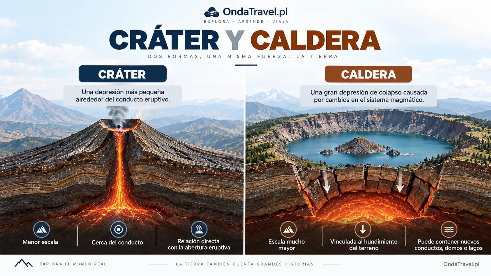 Caldera vs. cráter — comparación de dos formas volcánicas