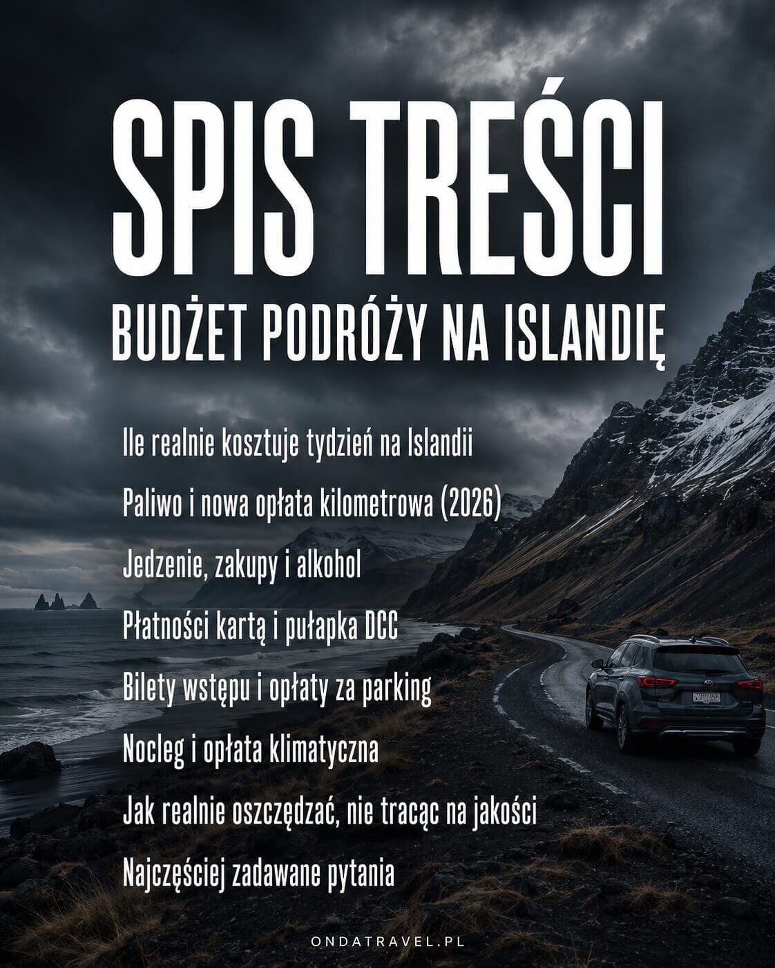 Budżet podróży na Islandię – pionowa grafika spisu treści