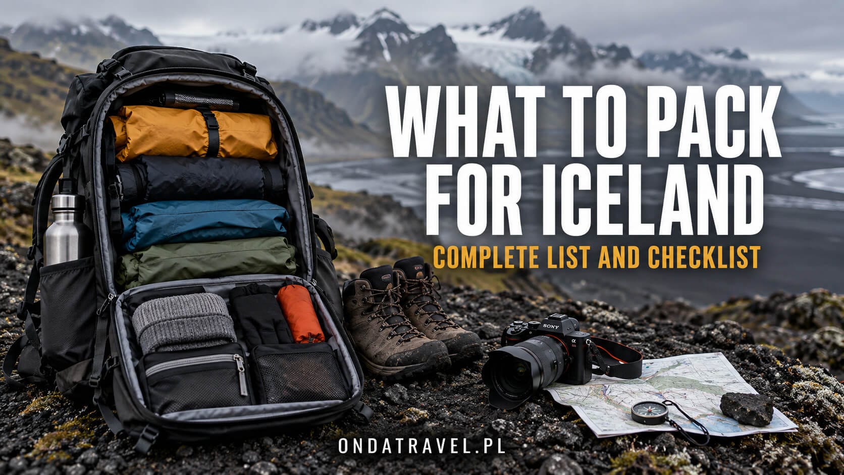 Open travel backpack with waterproof clothing, boots and map on Icelandic volcanic ground.