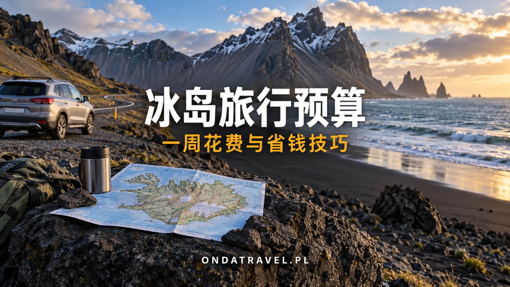 冰岛环岛公路旁的租车、地图和火山地貌。