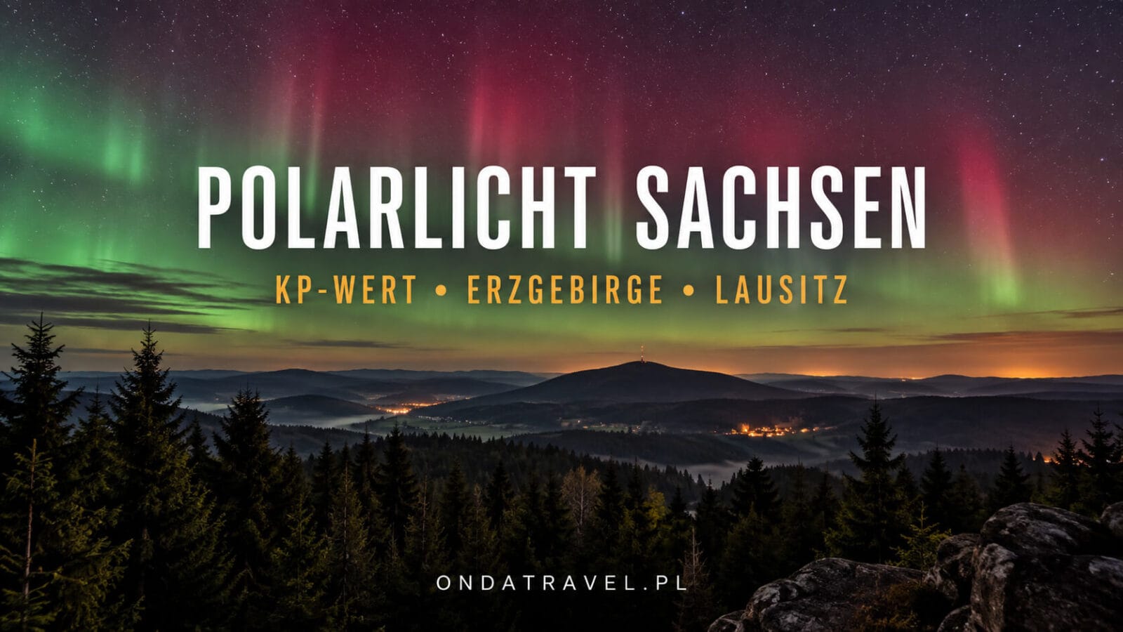 Schwaches Polarlicht über einer dunklen Rheinlandschaft bei Nacht.