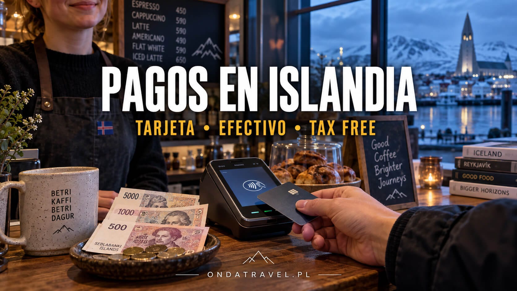 Pago con tarjeta y coronas islandesas en una cafetería de Reikiavik.