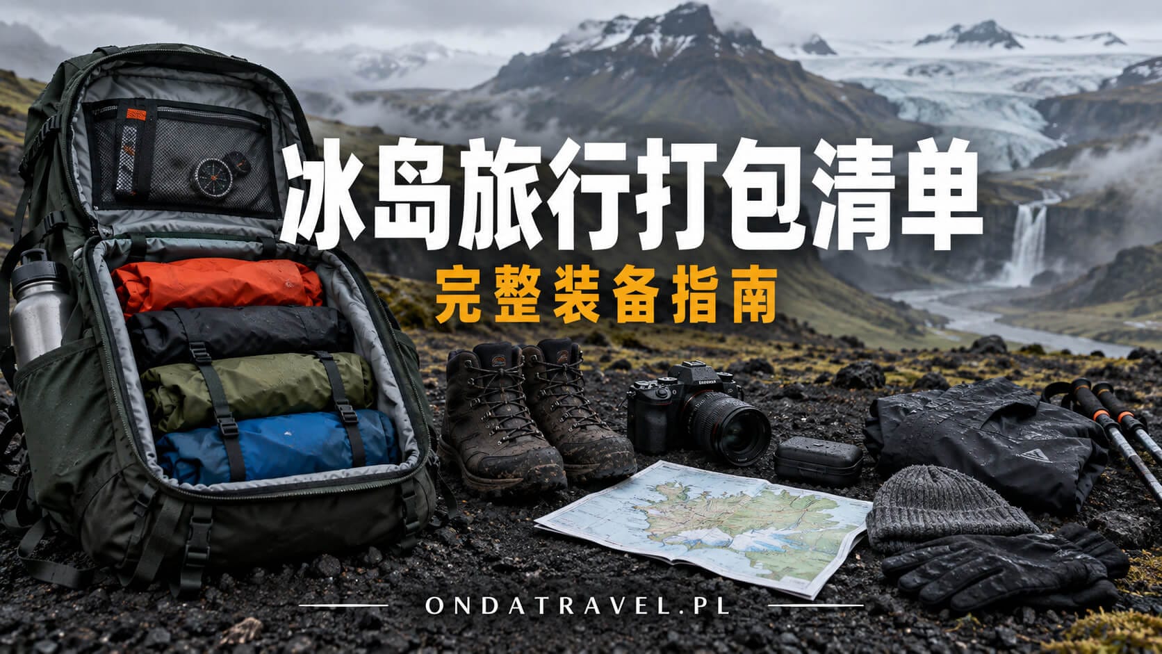 Mochila abierta con ropa impermeable, botas y mapa sobre suelo volcánico de Islandia.