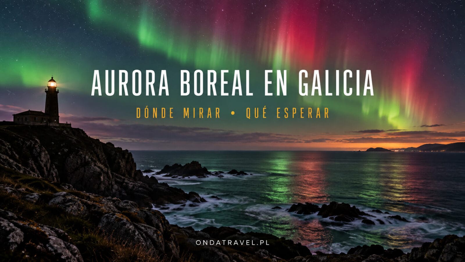 Aurora boreal sobre un lago y cumbres oscuras de los Pirineos de noche.