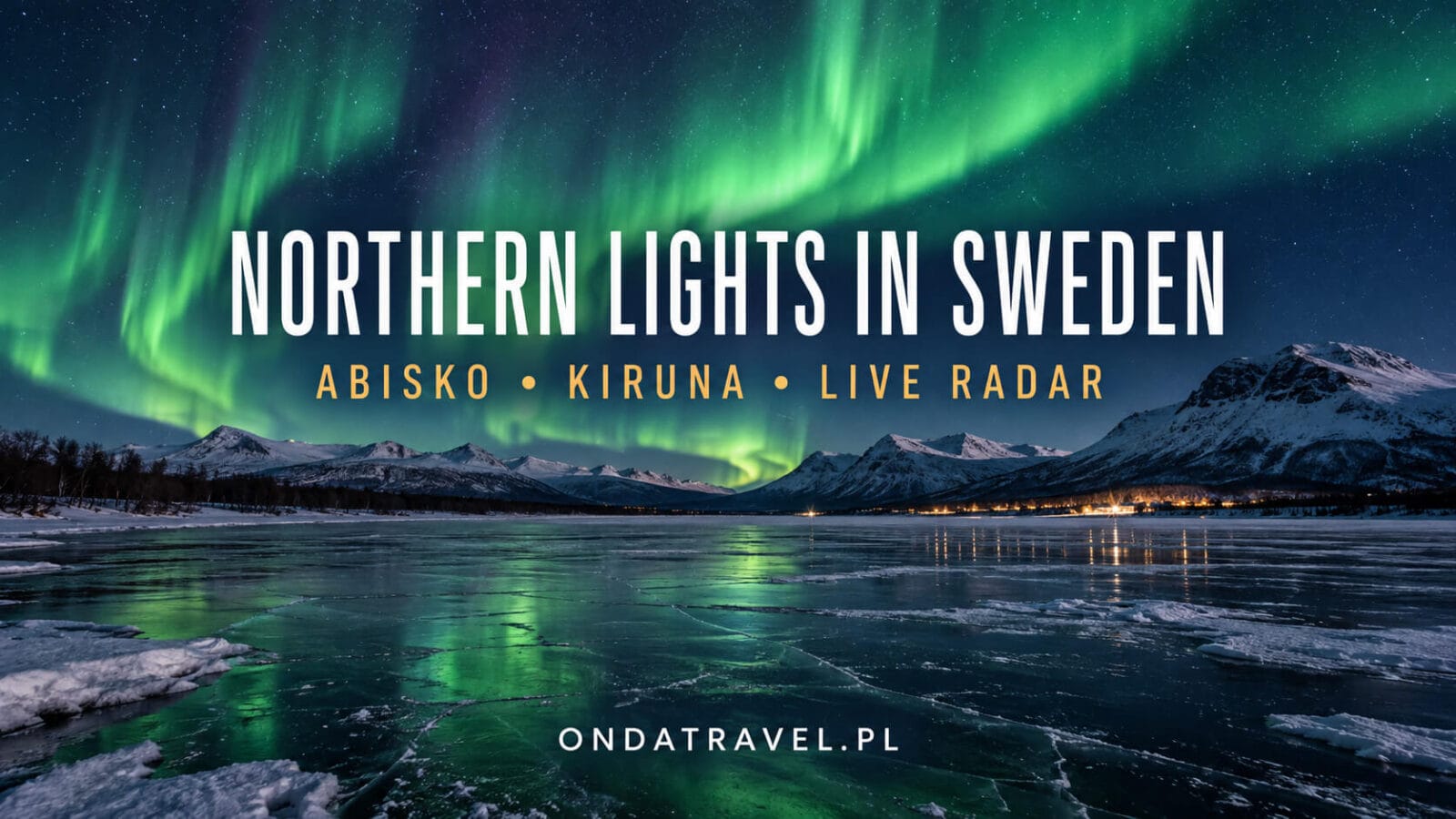 Northern lights above Abisko, a frozen lake and mountains in Swedish Lapland.