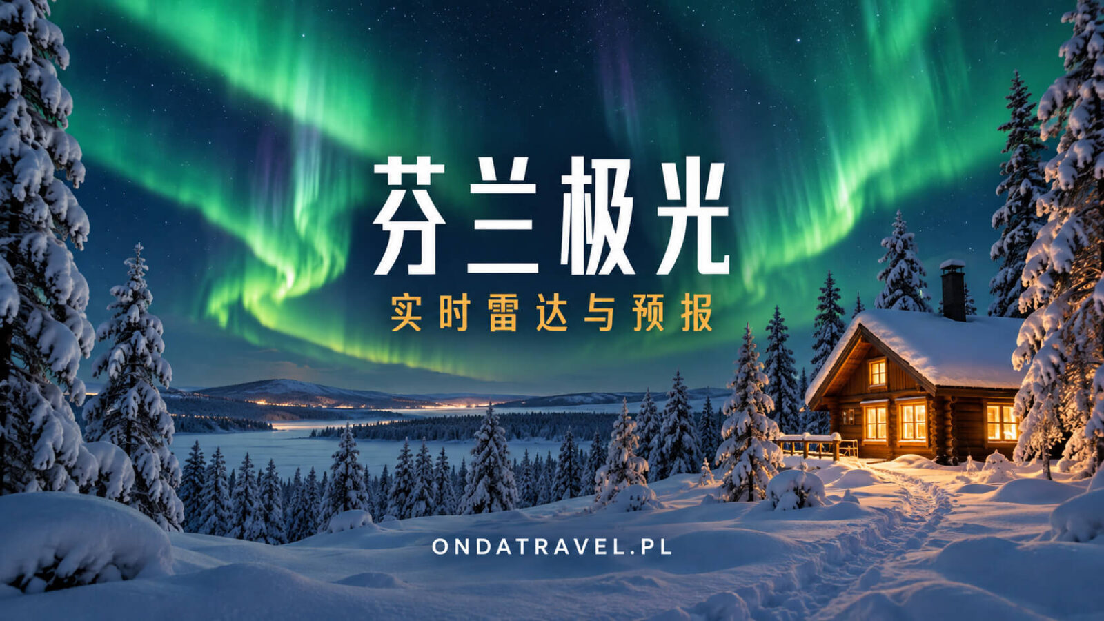 芬兰拉普兰雪林和小木屋上空的绿色极光。