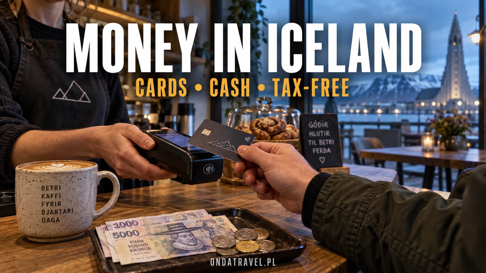 Contactless card payment and Icelandic kroner at a café in Reykjavík.