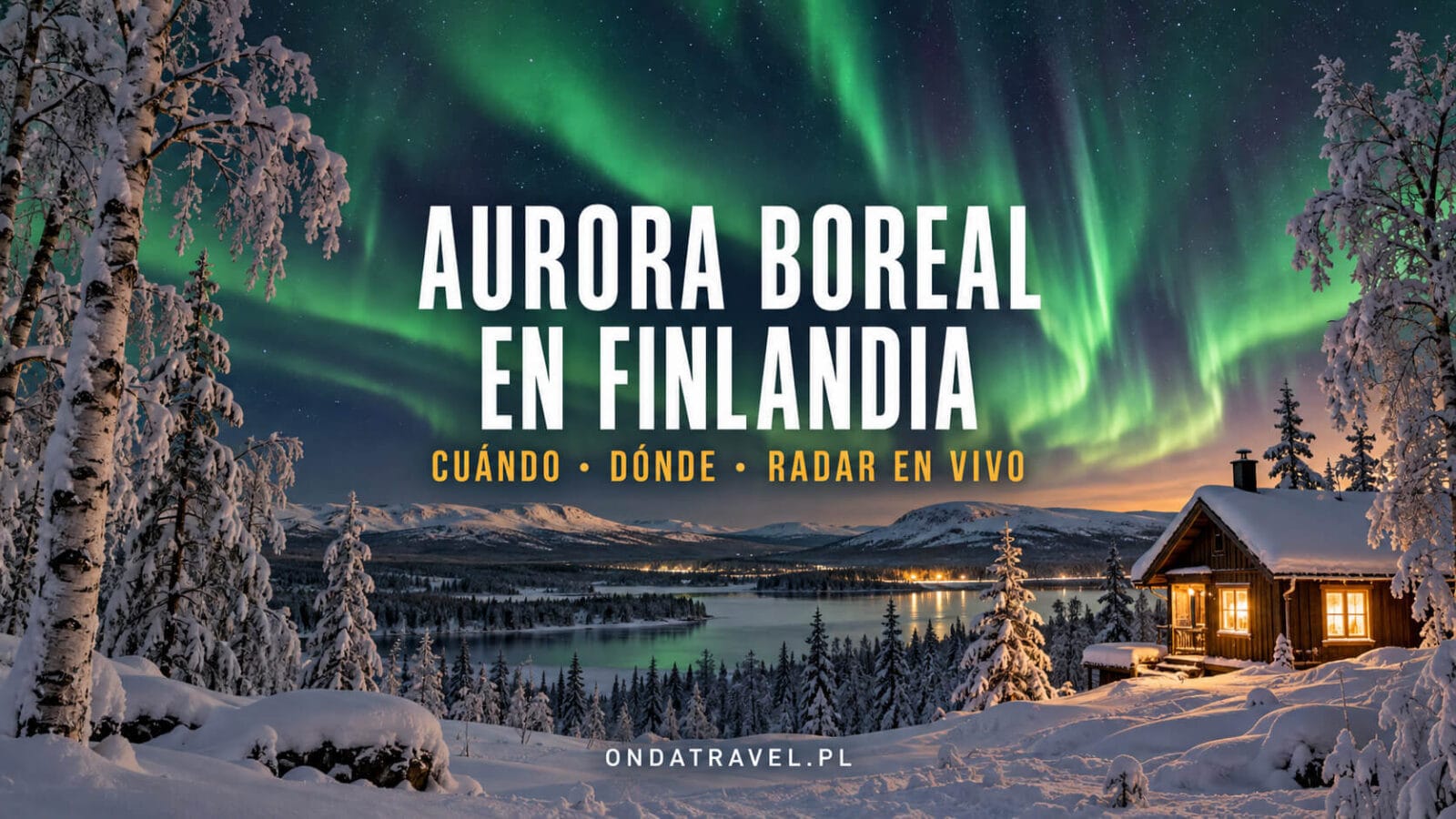 Aurora boreal sobre un bosque nevado y una cabaña en la Laponia finlandesa.