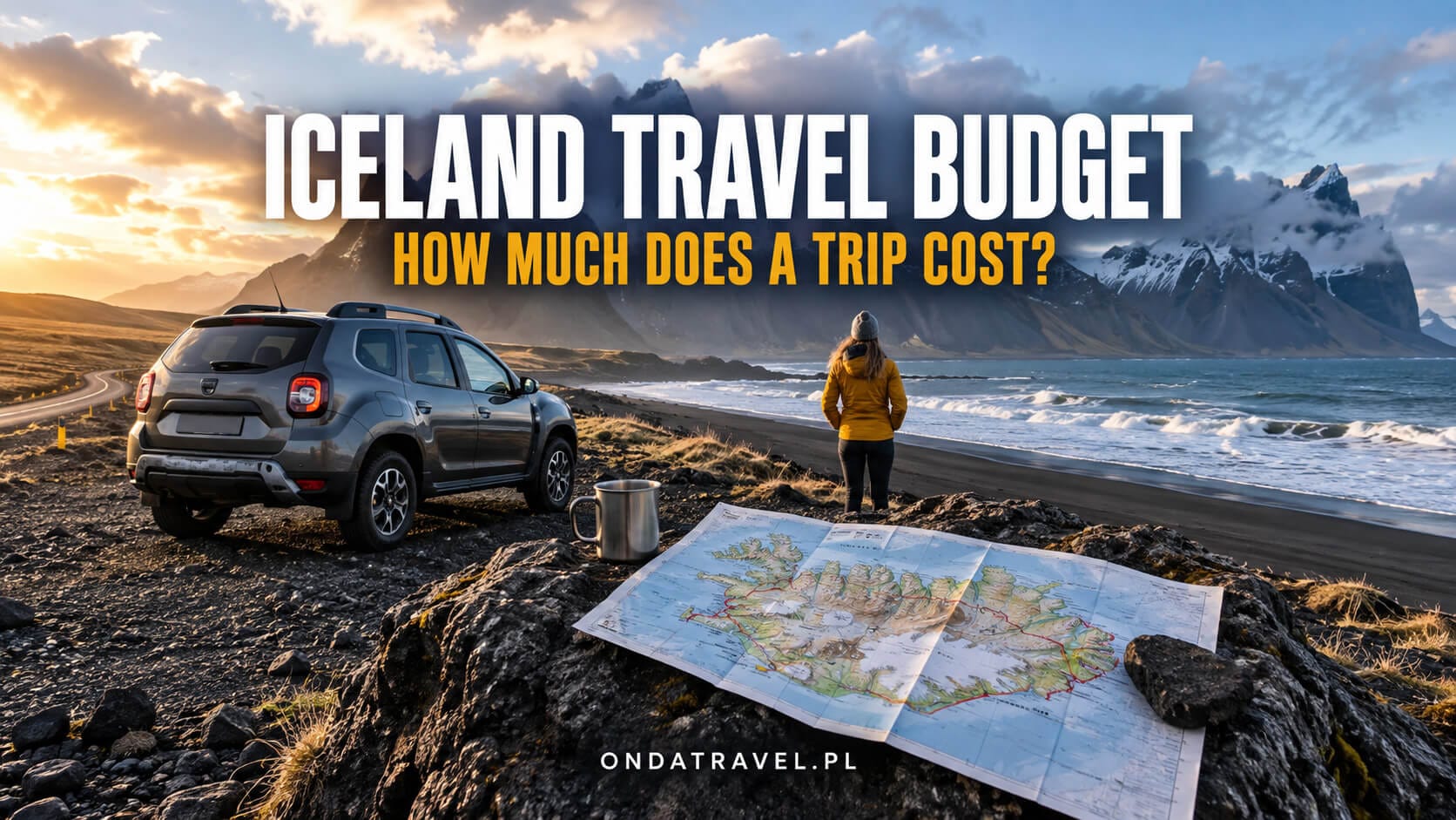 Rental car, map and volcanic Icelandic landscape on the Ring Road.