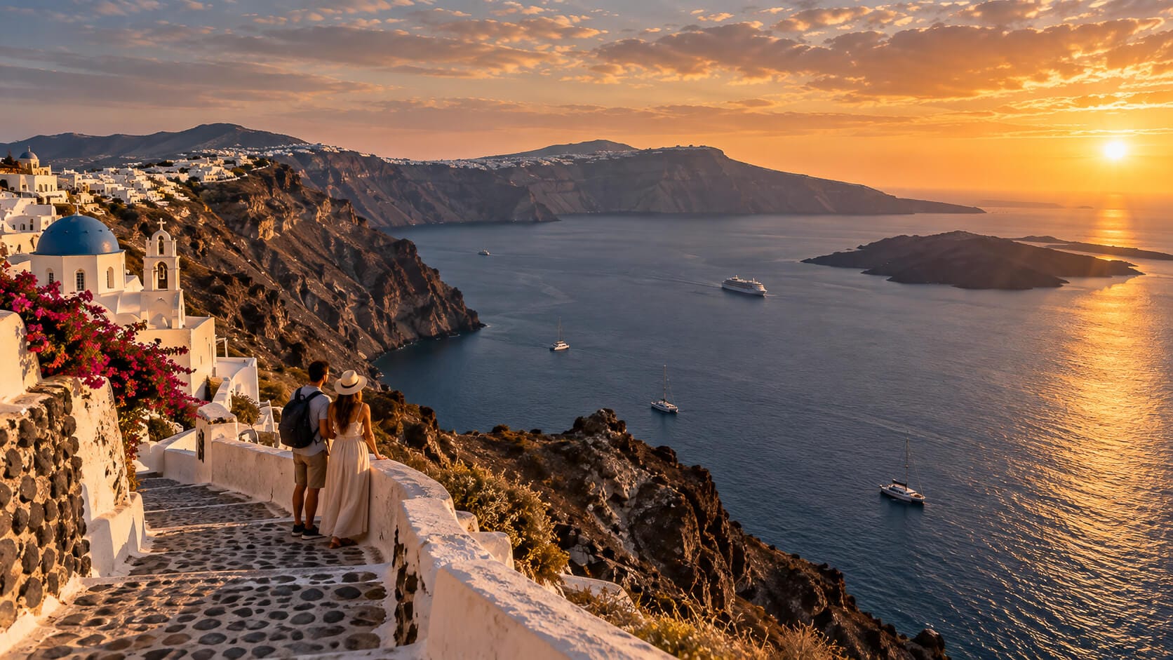 Kaldera Santorini o zachodzie słońca