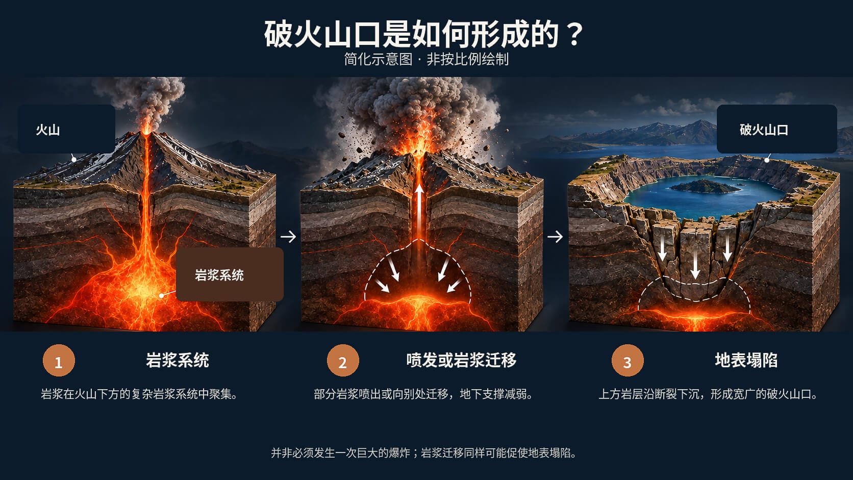 破火山口形成过程:岩浆减少后,上覆岩层失去支撑并发生塌陷