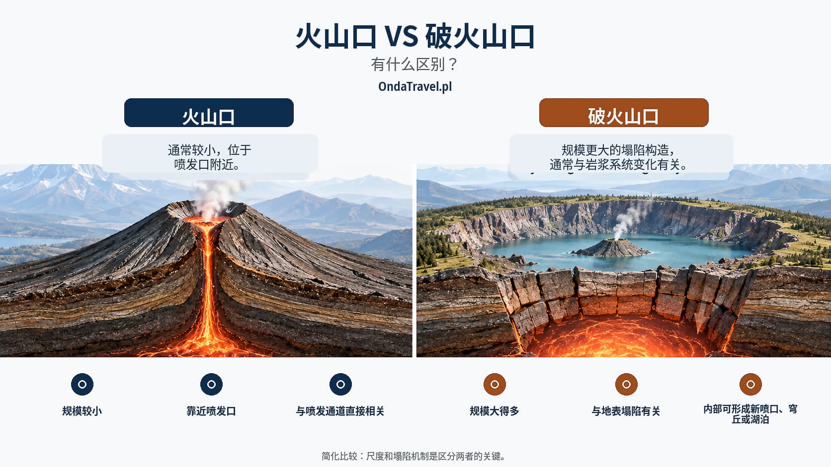破火山口与火山口两种火山地貌的对比示意图