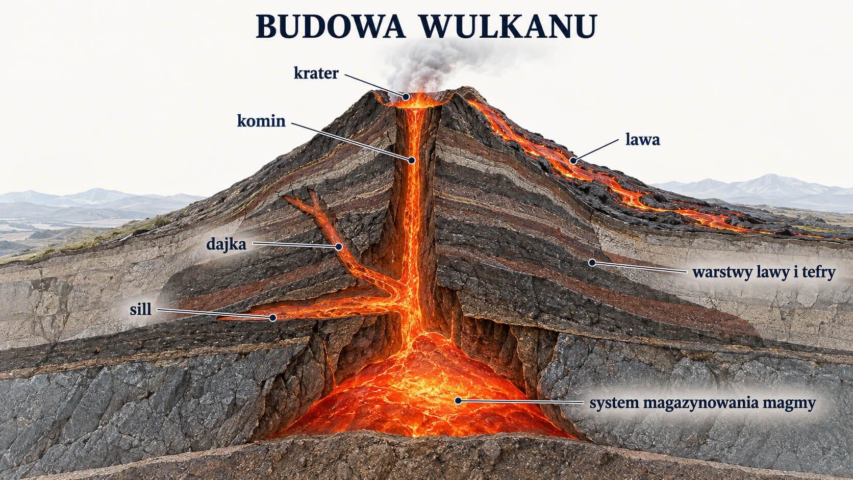 Budowa wulkanu – krater, komin, dajka, sill, lawa i system magazynowania magmy