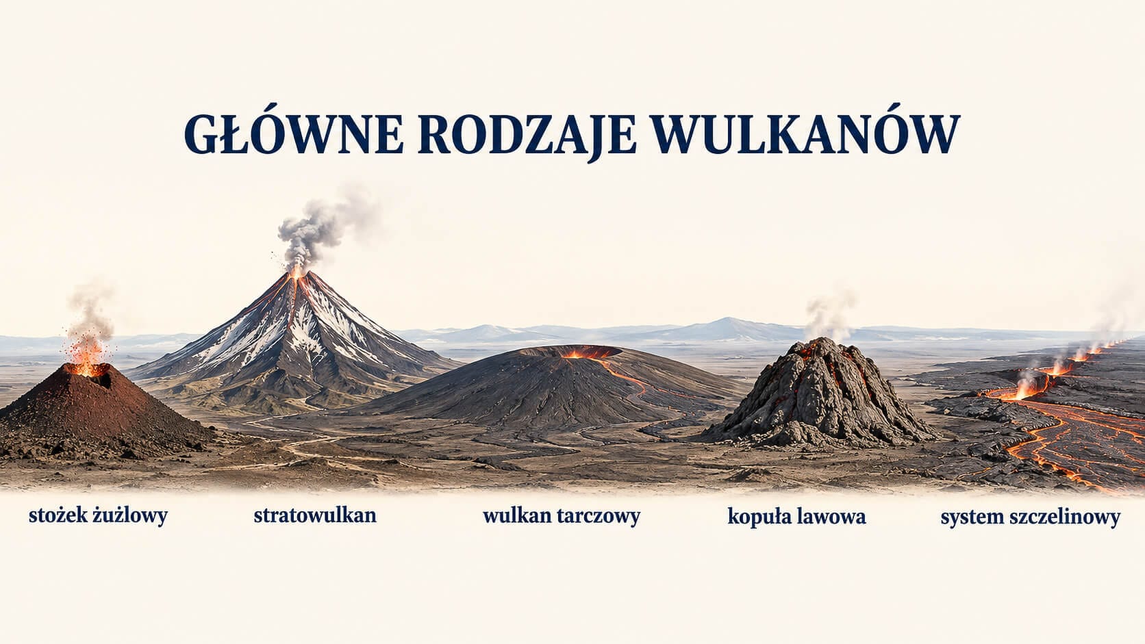 Główne rodzaje wulkanów – stożek żużlowy, stratowulkan, wulkan tarczowy, kopuła lawowa i system szczelinowy
