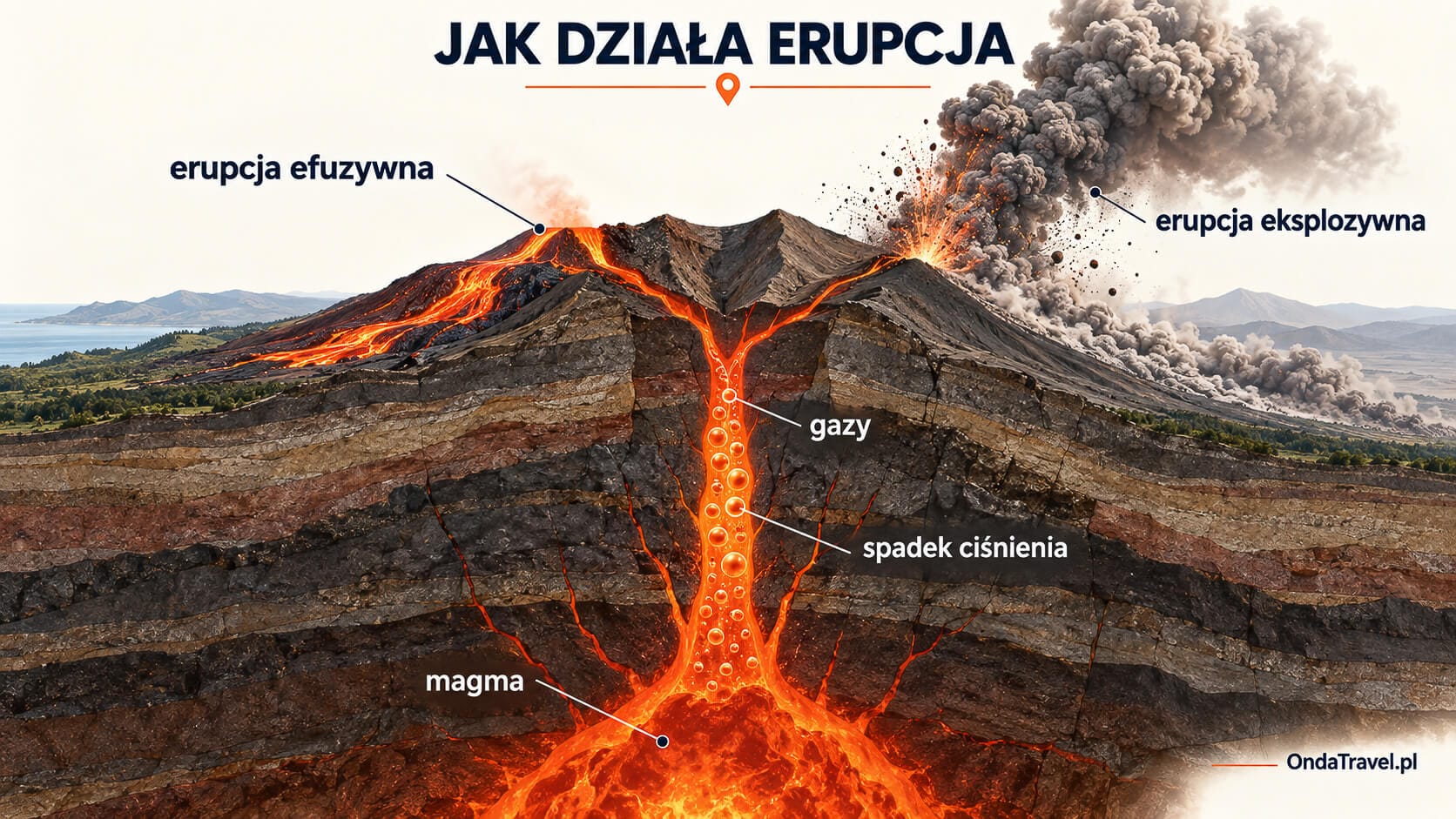 Jak działa erupcja wulkanu – magma, rozprężające się gazy oraz erupcja efuzywna i eksplozywna