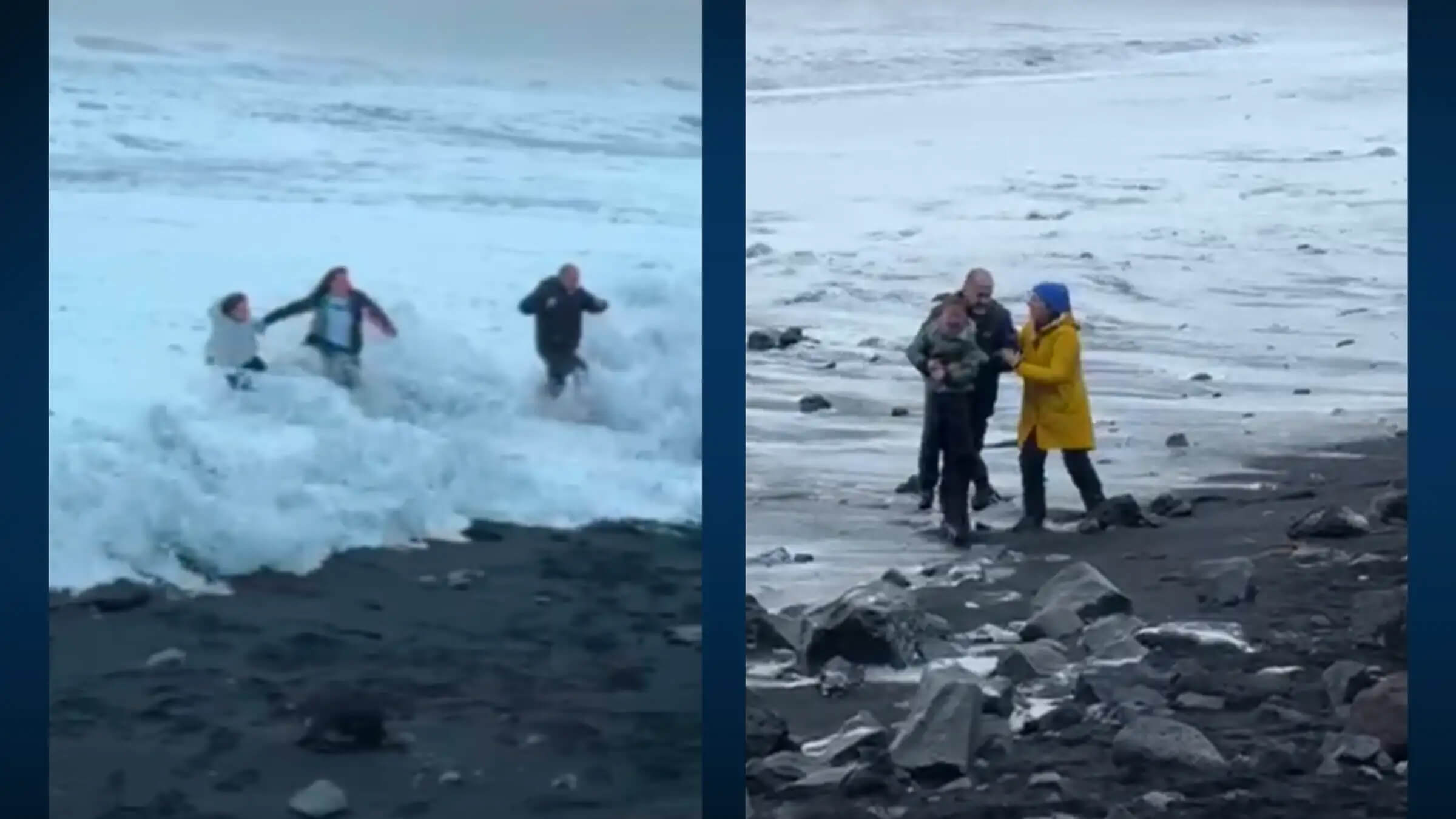 Visitors washed over by a wave on Reynisfjara black sand beach and standing after the water recedes