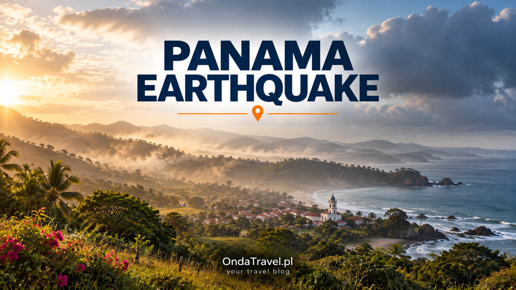 Panama's Azuero Peninsula at dawn after the M7.7 earthquake — illustration for the article, not documentary photography.