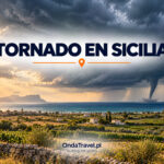 Un tornado sobre los campos del oeste de Sicilia, cerca de Marsala: ilustración del artículo, no fotografía documental.